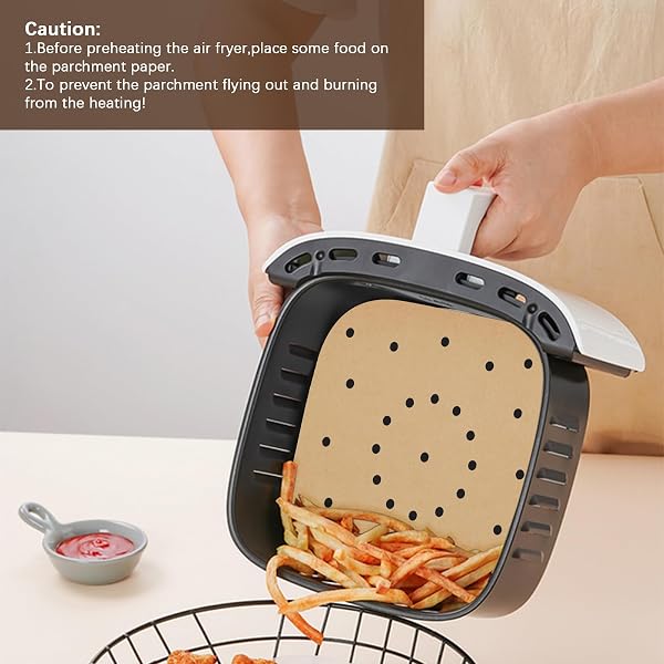 100 Pezzi Carta forno per Friggitrice ad aria,Carta Pergamena Fodera,Realizzato con Pasta di Legno Cruda,Carta per Friggitrice Ad Aria Quadrata,21.6cm Carta Pergamena Perforata per Vapore Friggitrice - 5