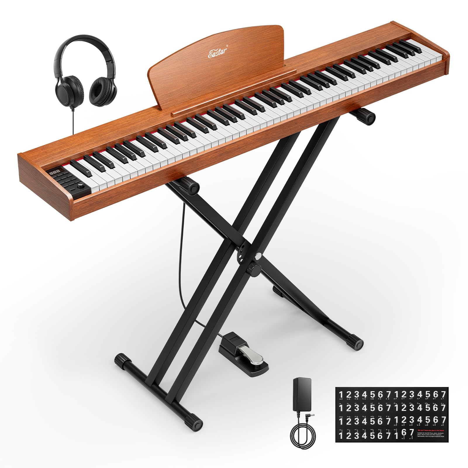 Eastar EP-80 Clavier Piano 88 Touches, Clavier Électrique Pleine Taille avec Touches Sensibles à la Vélocité, Ensemble Piano Numérique Portable pour Débutants avec Support, Pédale et Casque, Marron
