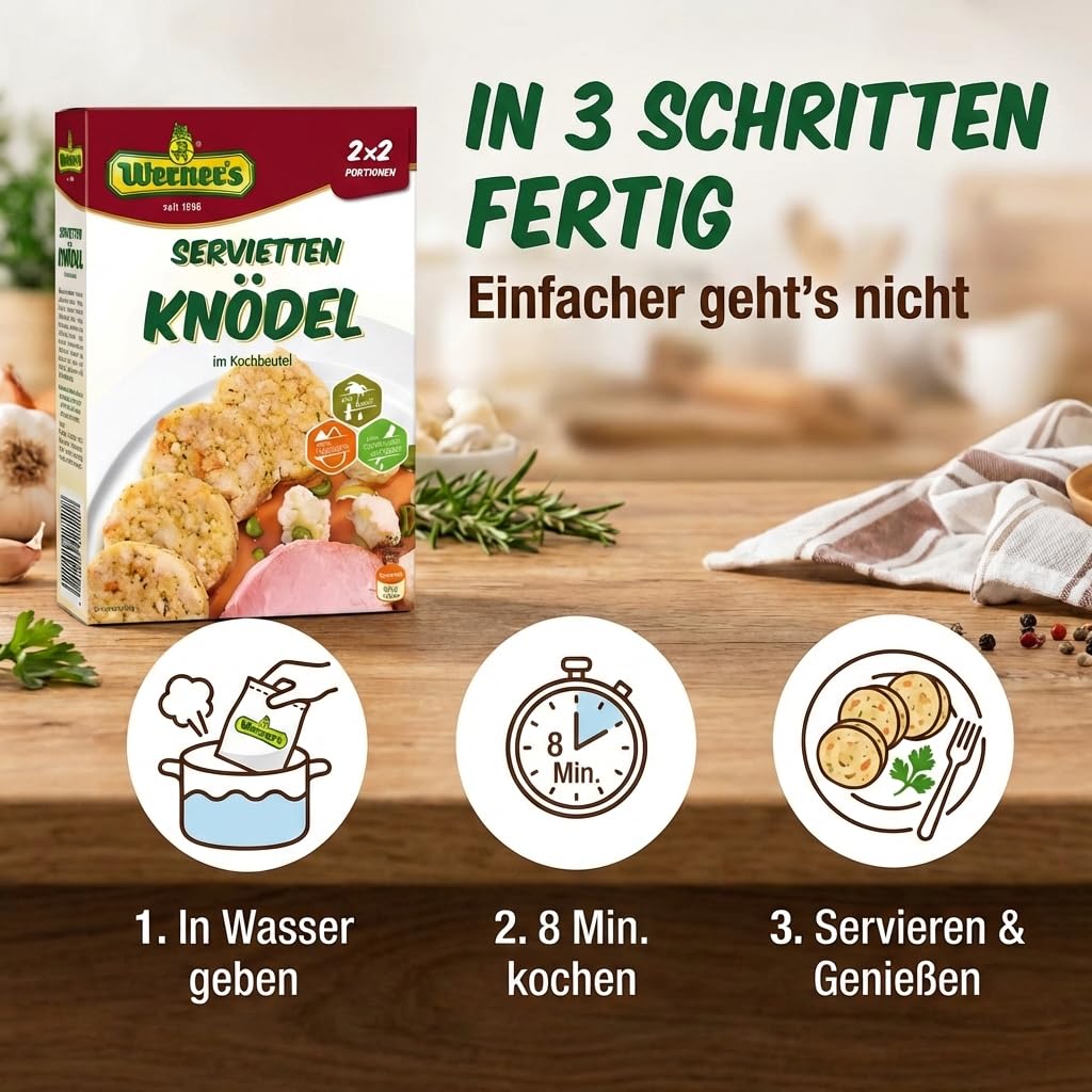 Werner Serviettenknödel im Kochbeutel – Klassische Knödelbeilage – Ohne Palmöl, ohne Geschmacksverstärker & ohne Farbstoffe