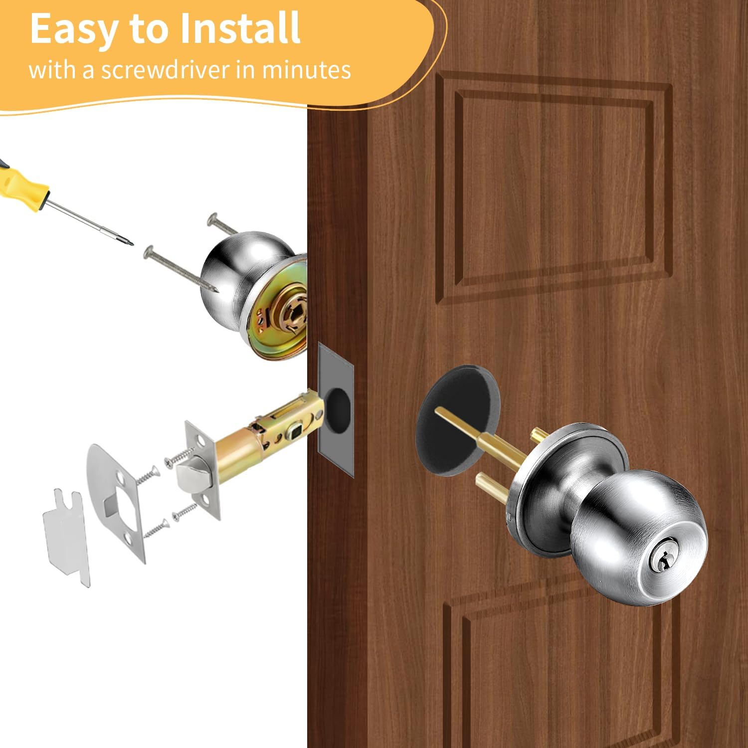 Entry Door Knob with Lock and Keys for Bedroom/Bathroom, Interior/Exterior Door Handles, Indoor/Outdoor Privacy Door Knob, Main/Front Door Handle Lock, Home Security, Poignee Porte Interieur/Exterieur - Image 5