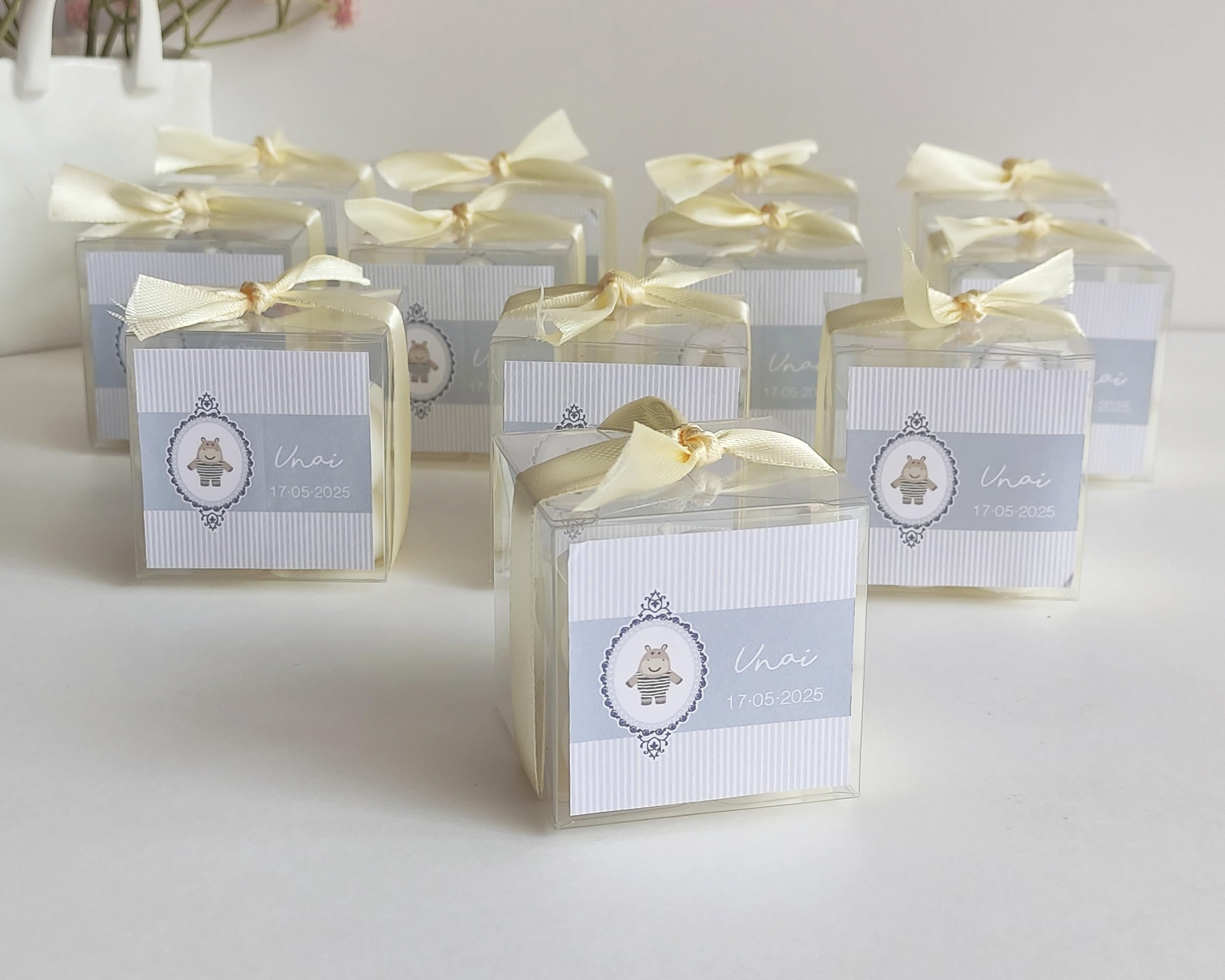 Set 12 Velas Aromáticas Bubble Personalizadas para el Bautizo, Aroma Chai, Regalo Ideal para los Invitados, Varios Diseños a Escoger