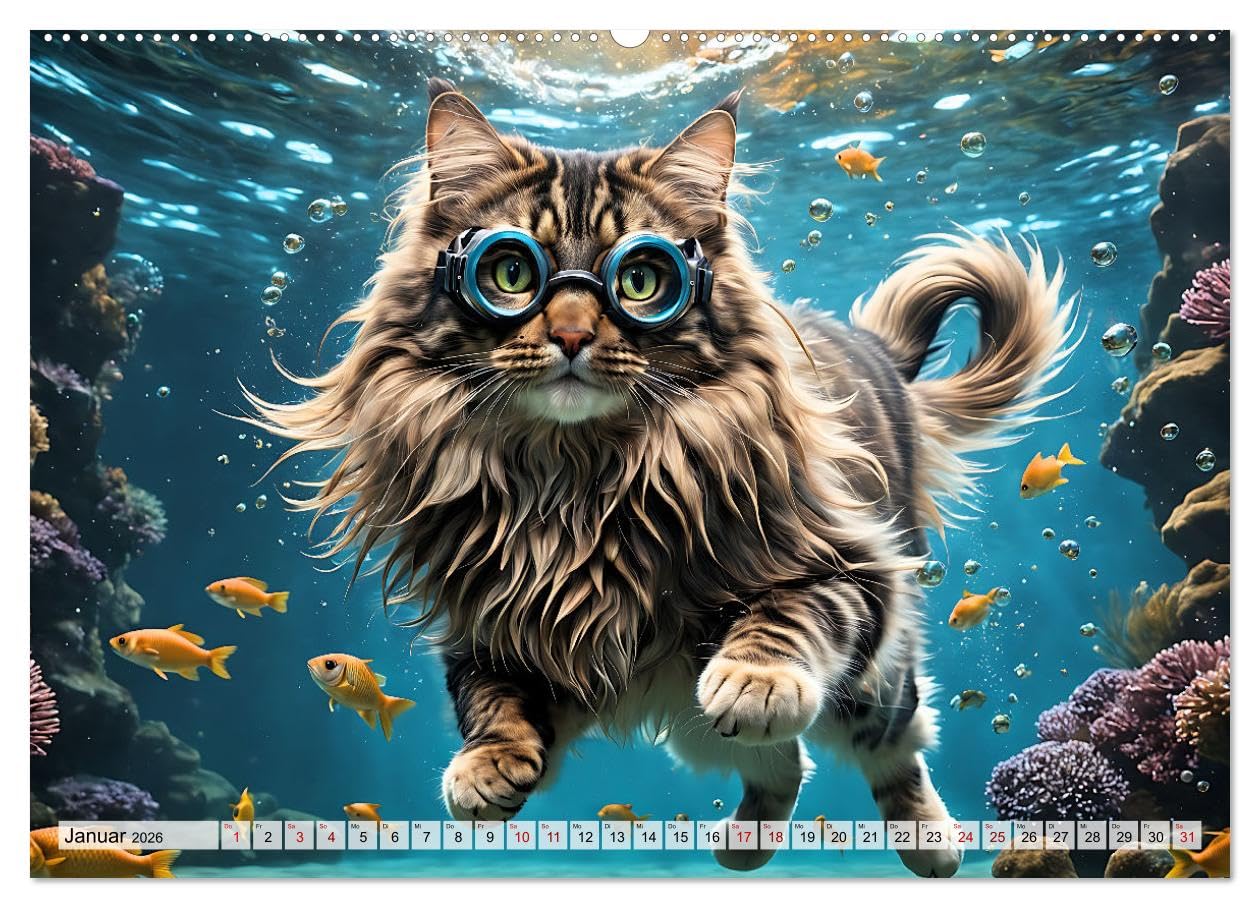 Katzen unter Wasser (Wandkalender 2026 DIN A2 quer), CALVENDO Monatskalender: Amüsante Bilder tauchender Samtpfoten verschiedener Rassen in einer traumhaften Unterwasserwelt (CALVENDO Tiere)