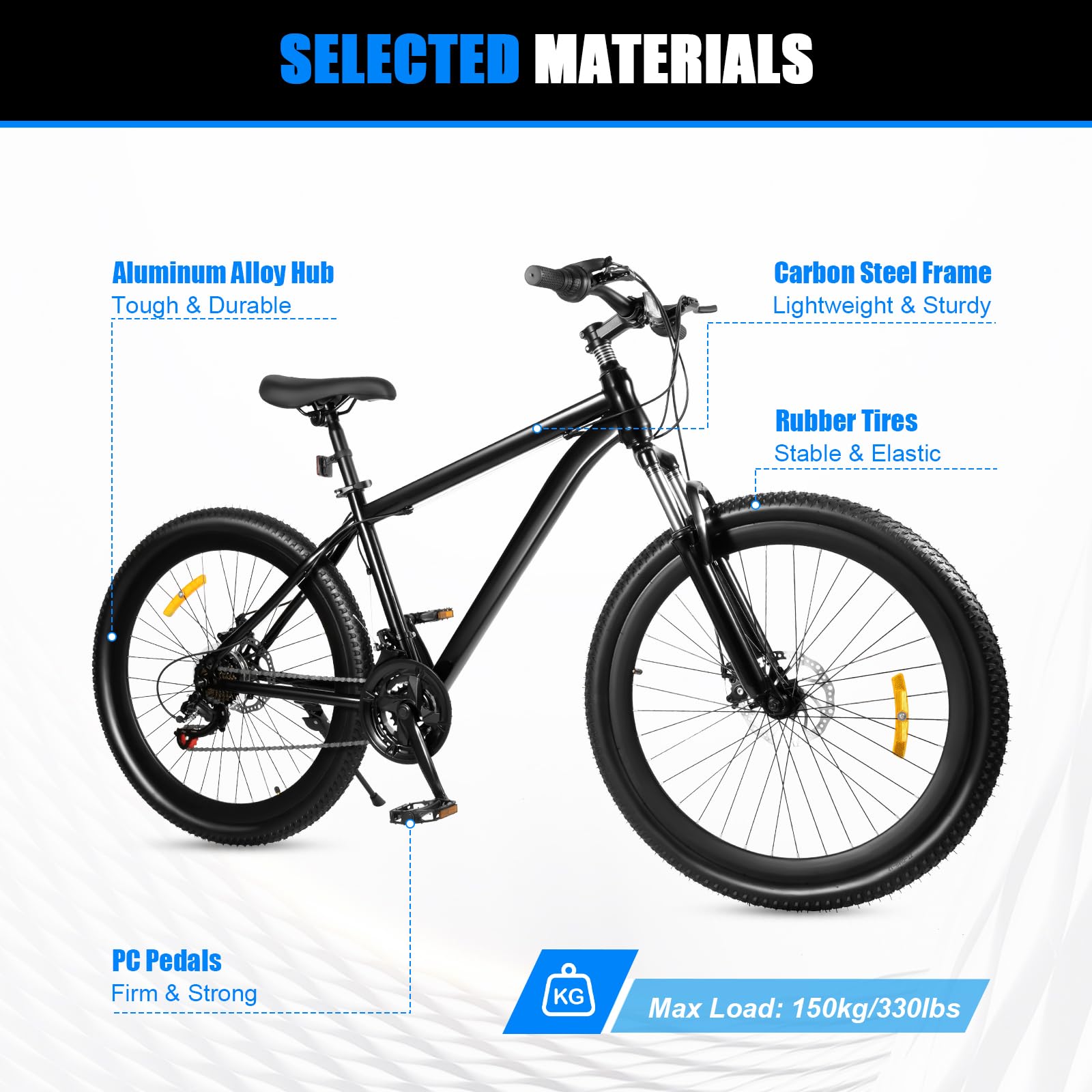 Bicicleta de montaña de 26 pulgadas, bicicletas de 21 velocidades, acero al alto carbono, para adultos, para uso diario, viajes al aire libre, hasta 150 kg, color negro