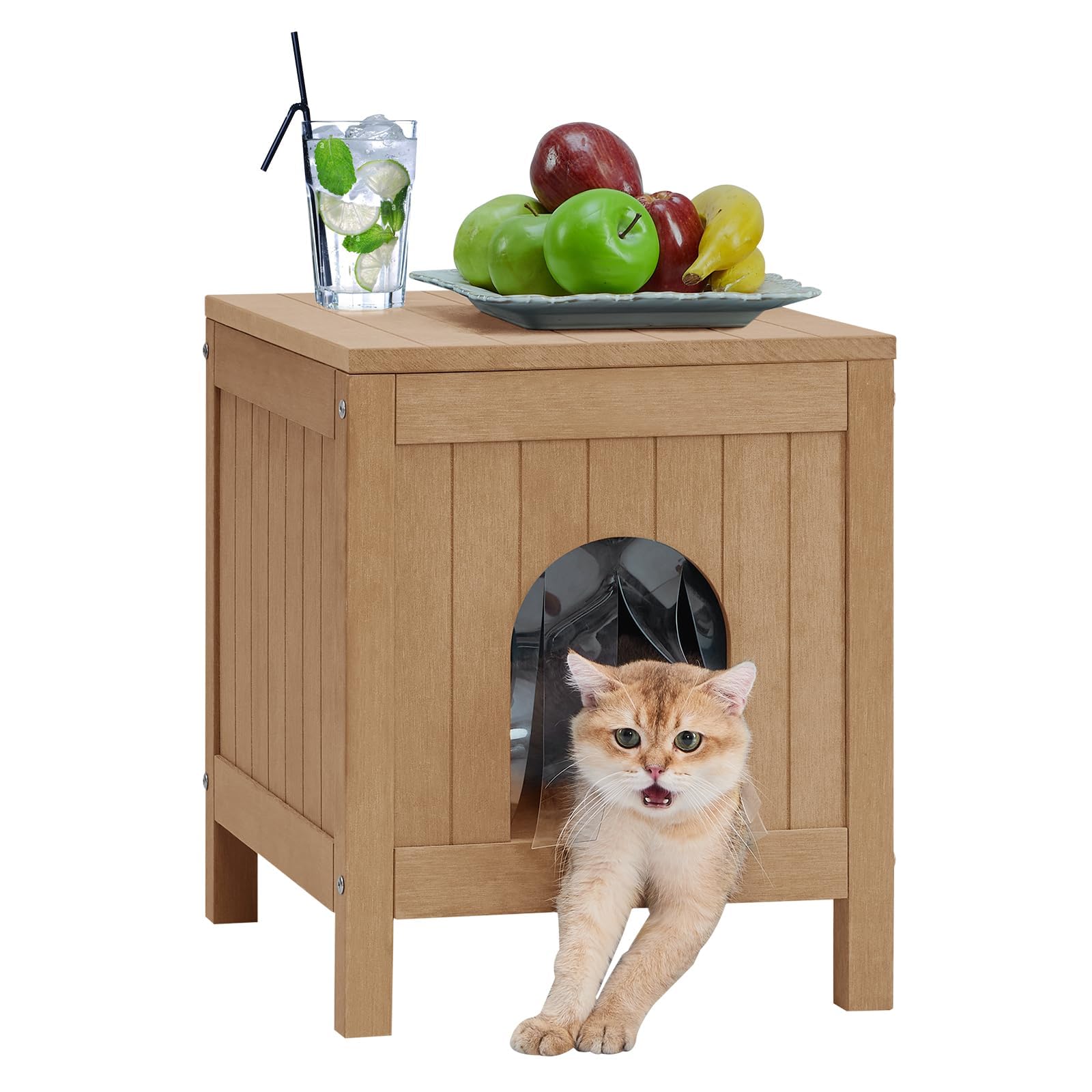 Cat House Outdoor Indoor, Weatherproof Outdoor Side Table and Insulated Cat Shelter, PS Plastic Waterproof Cat House for Outdoor Cats with Openable Roof, Elevated Feet for Backyard, Lawn,Teak