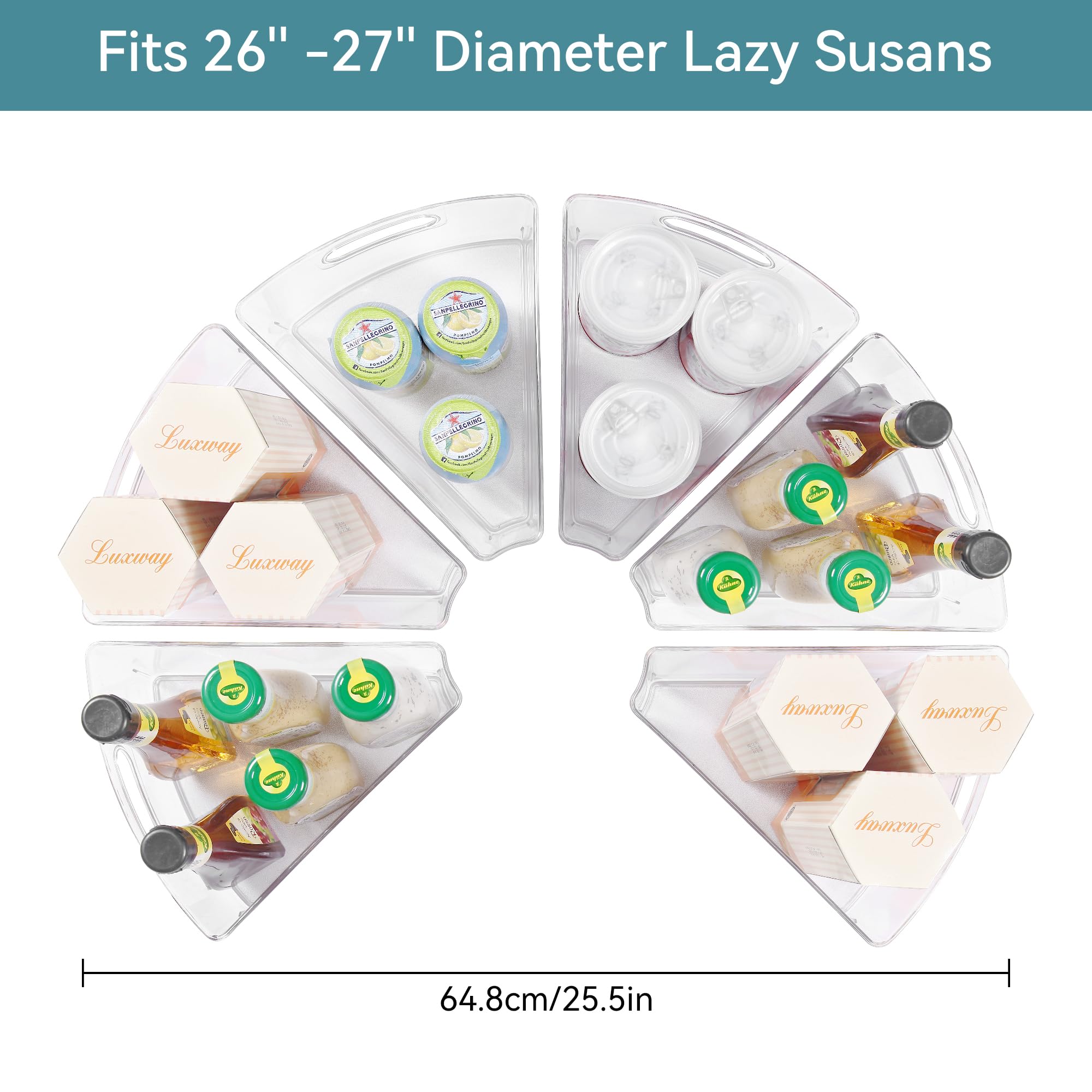 Oubonun Lazy Susan Organizers Set of 6, 10.2”x 9.4”x 4” Plastic Transparent Kitchen Cabinet Storage Bins with Handle, 4
