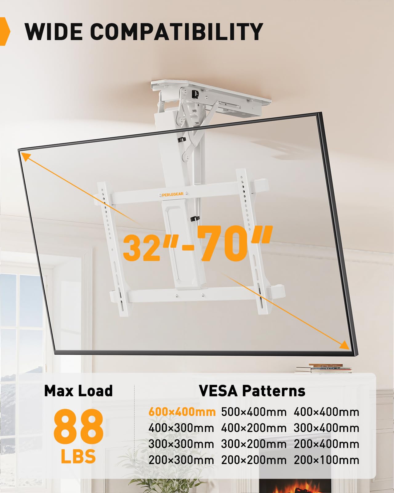 Perlegear Soporte eléctrico de techo para TV con control remoto para televisores de pantalla plana y curvada de 31.3 a 177.8 cm de hasta 88 libras, VESA máximo 600 x 400, soporte de techo motorizado