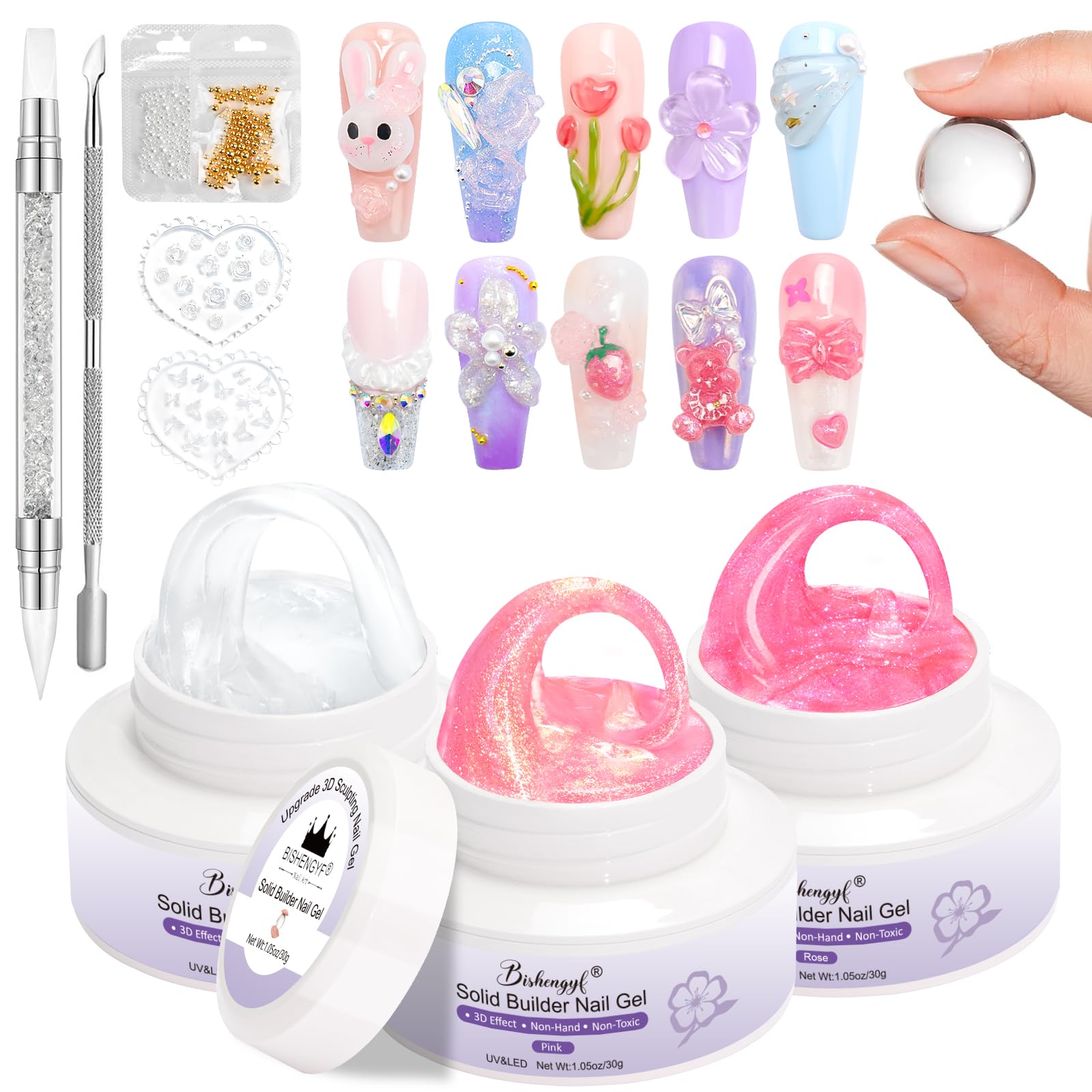 BISHENGYF Clear 3d Gel for Nails,3 Pcs 30g Large Capacity Mermaid Pearl 3d Gel,No Stick Solid Builder Ge l for Nails 3d Silicone Pens and Mold Tools Extension Salon Manicure Home Diy(Rose Pink)