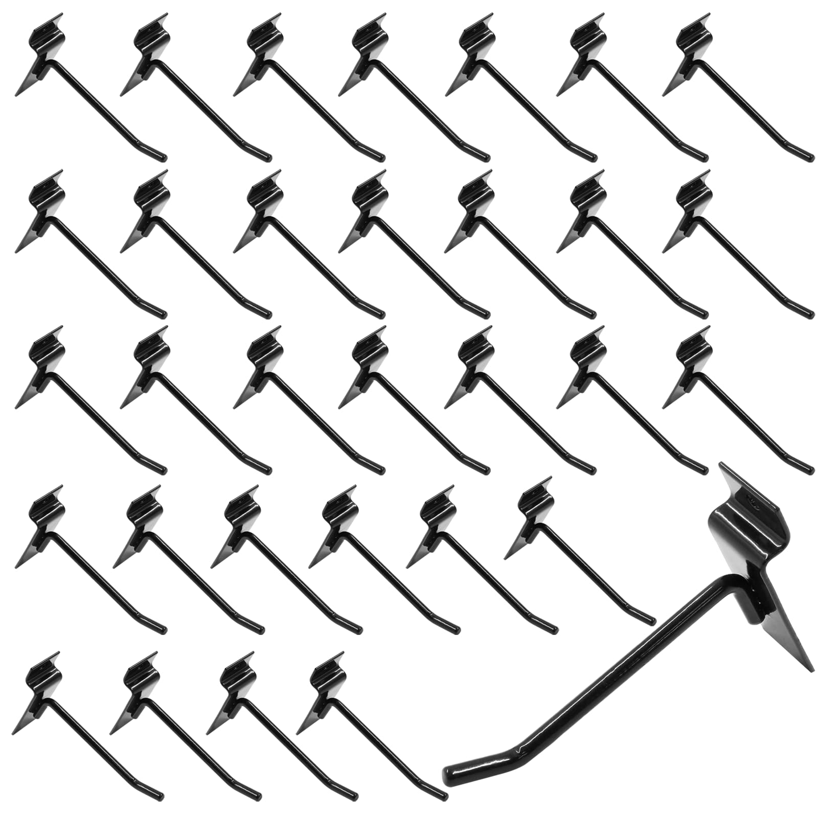 Waziaqoc 32PCS 2Inch Length Black Slatwall Hooks, Metal Slat Wall Display Panel Hooks Heavy Duty Slat Board Accessories Pegboard Gridwall Hook for Garage and Shop