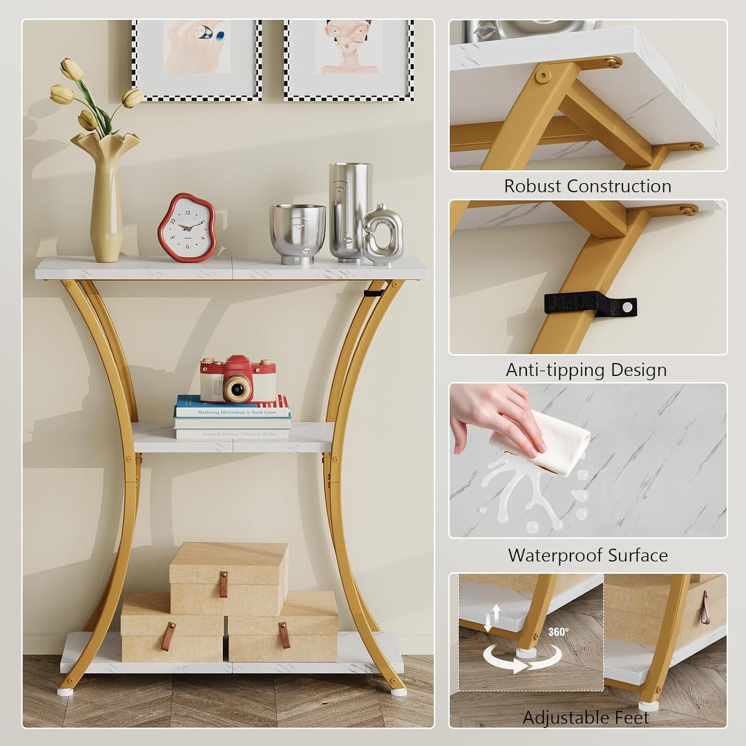 Trironsun Rustic 3-Tier Console Table with Open Shelves Narrow Entryway Table with Curved Metal Frame Slim Sofa Table for Hallway Living Room or Foyer (Gold White Marbled)