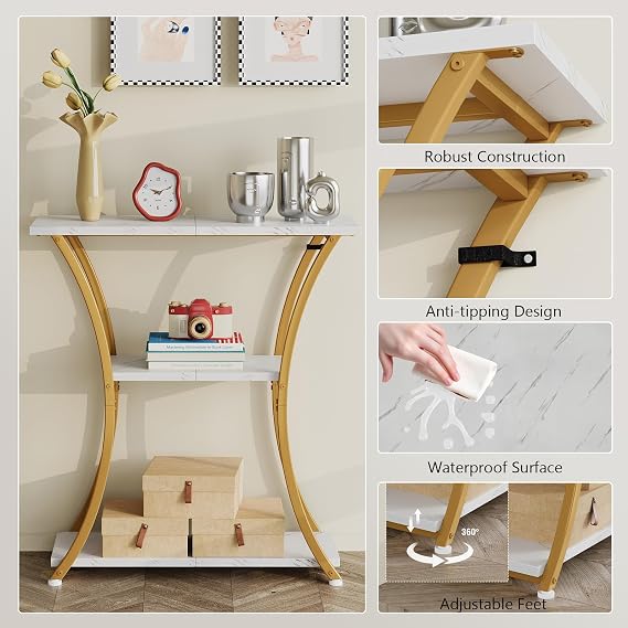 Trironsun Rustic Narrow Console Table with 3 Tiers, Slim Hallway Table with Curved Metal Frame and Open Shelves, Entryway or Sofa Table for Living Room and Foyer (Marble White)