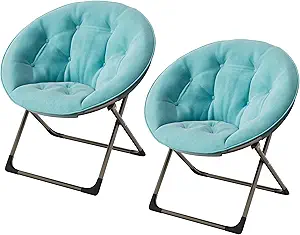 Saucer Chair, Comfy Chair Faux Fur Lounge Moon Chair with Folding Metal Frame, Oversized Plush Foldable Flower Accent Seat for Adults, Teens, Bedroom, Dorm or Living Room(2PCS, Blue)