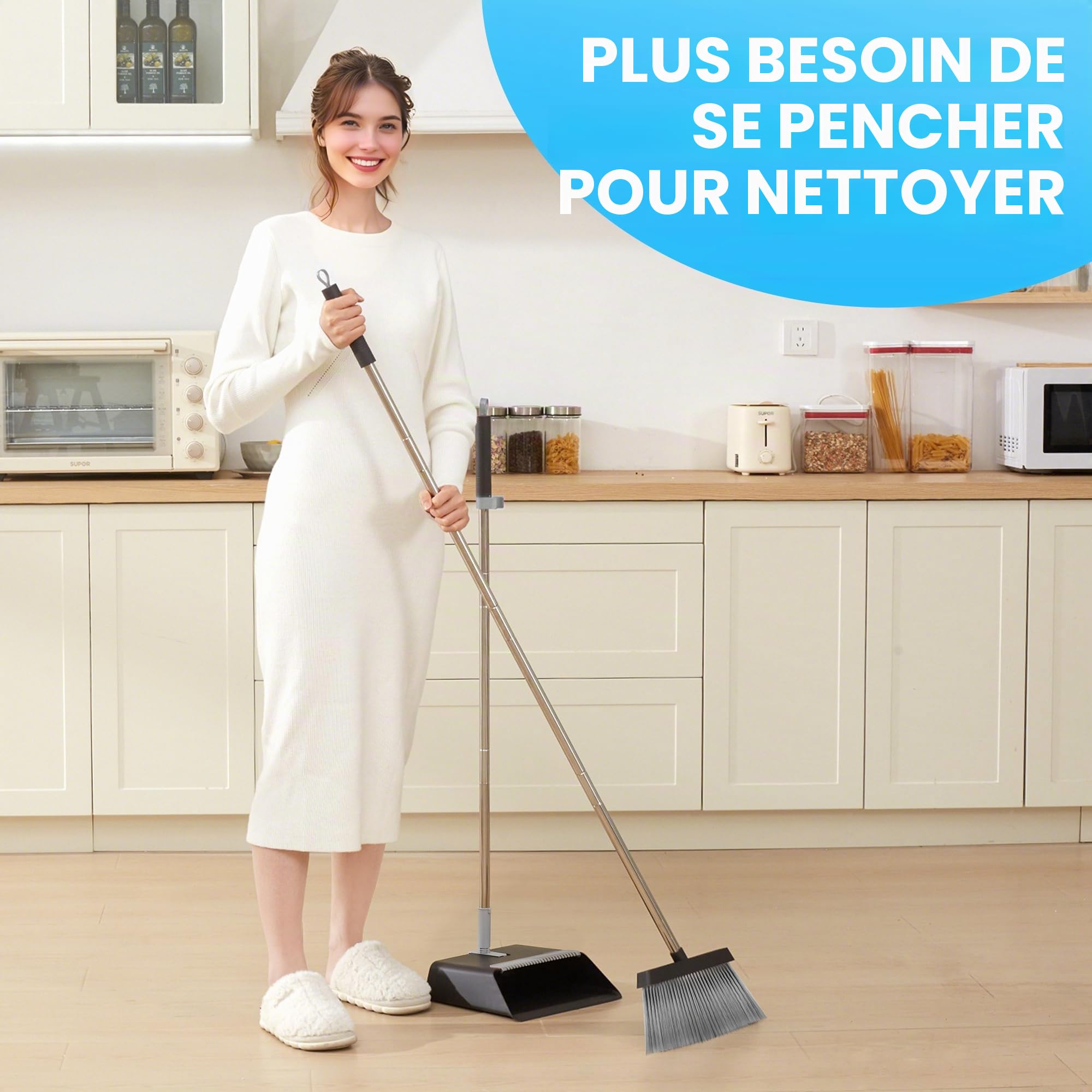 JOYMOOP Ensemble Balai et Pelle à poussière, Pelle et balayette Long Manche, Balai sans se baisser pour intérieur et extérieur, Noir et Gris