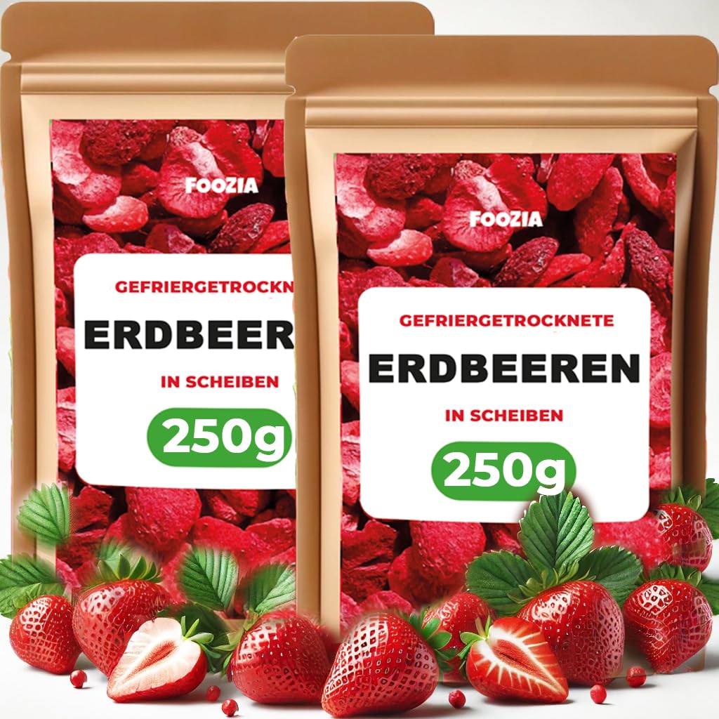 Erdbeeren Gefriergetrocknet 2x 250g - Scheiben, Natürliche Getrocknete Erdbeeren Ohne Zusätze - Gefriergetrocknete Früchte Snack - Trockenfrüchte von Foozia (2x 250g)