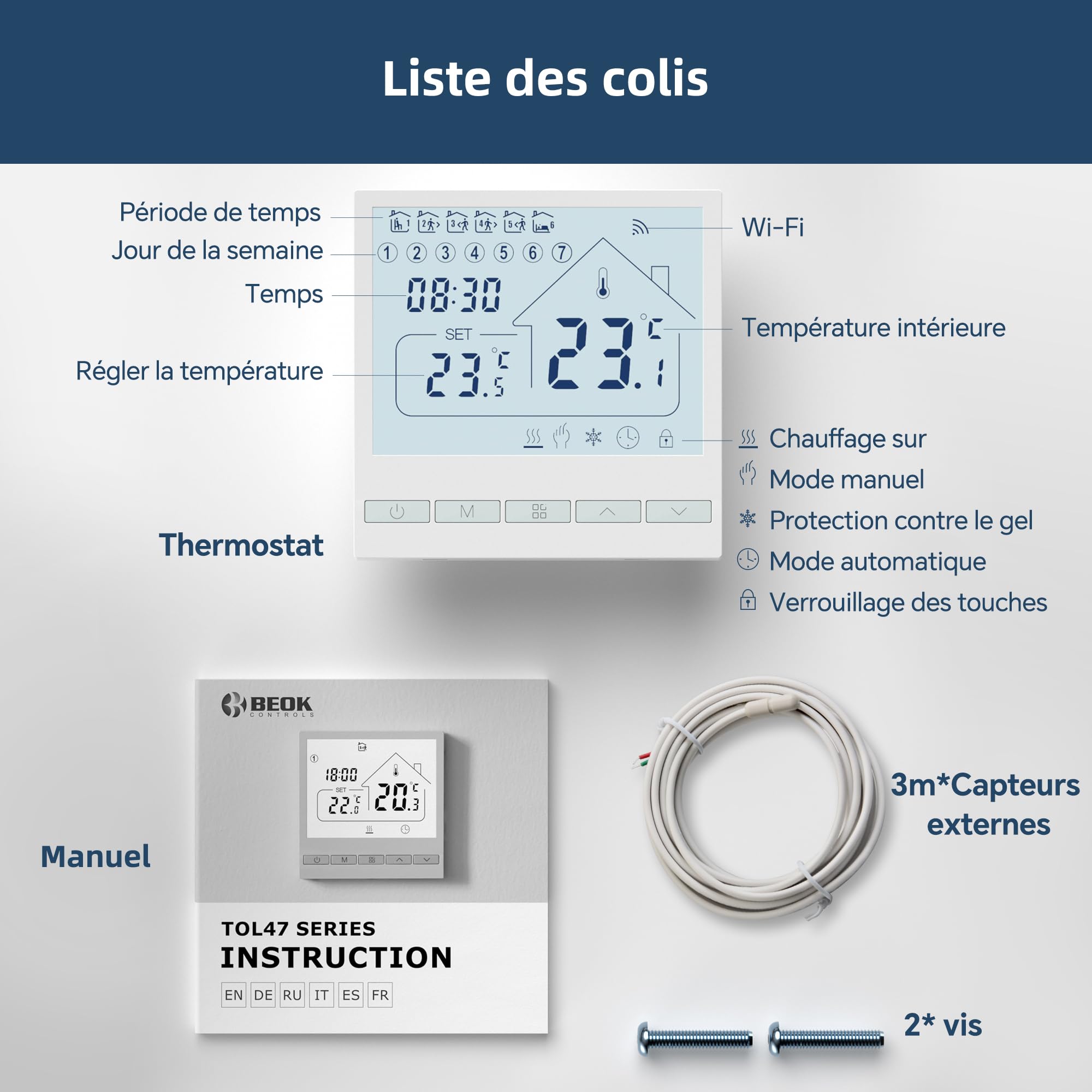 Beok Tuya Thermostat Intelligents pour Chauffage au Sol Électrique avec Sonde Externe,16A Thermostat Connecté WiFi,Commande Vocale/à Distance,Thermostats d'ambiance Compatible avec Alexa,Google Home