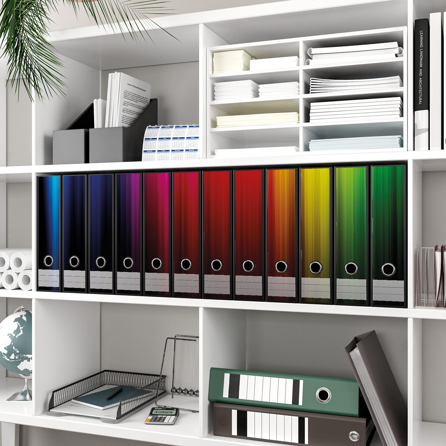 Wallario 12 Stück breite Ordner inkl. Klebeetiketten mit Motiv Bunte Regenbogenstreifen auf Schwarz - Set mit Rückenschildern/Ordnerrücken Stickern