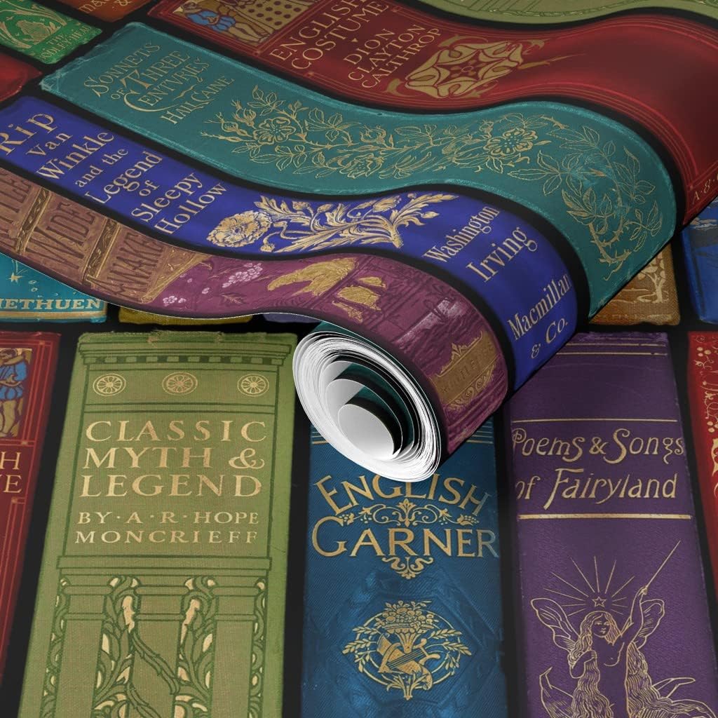 Removable Wallpaper 3ft x 2ft - Library Bright Books Shelves Antique Vintage English Rainbow Custom Pre-Pasted Wallpaper by Spoonflower