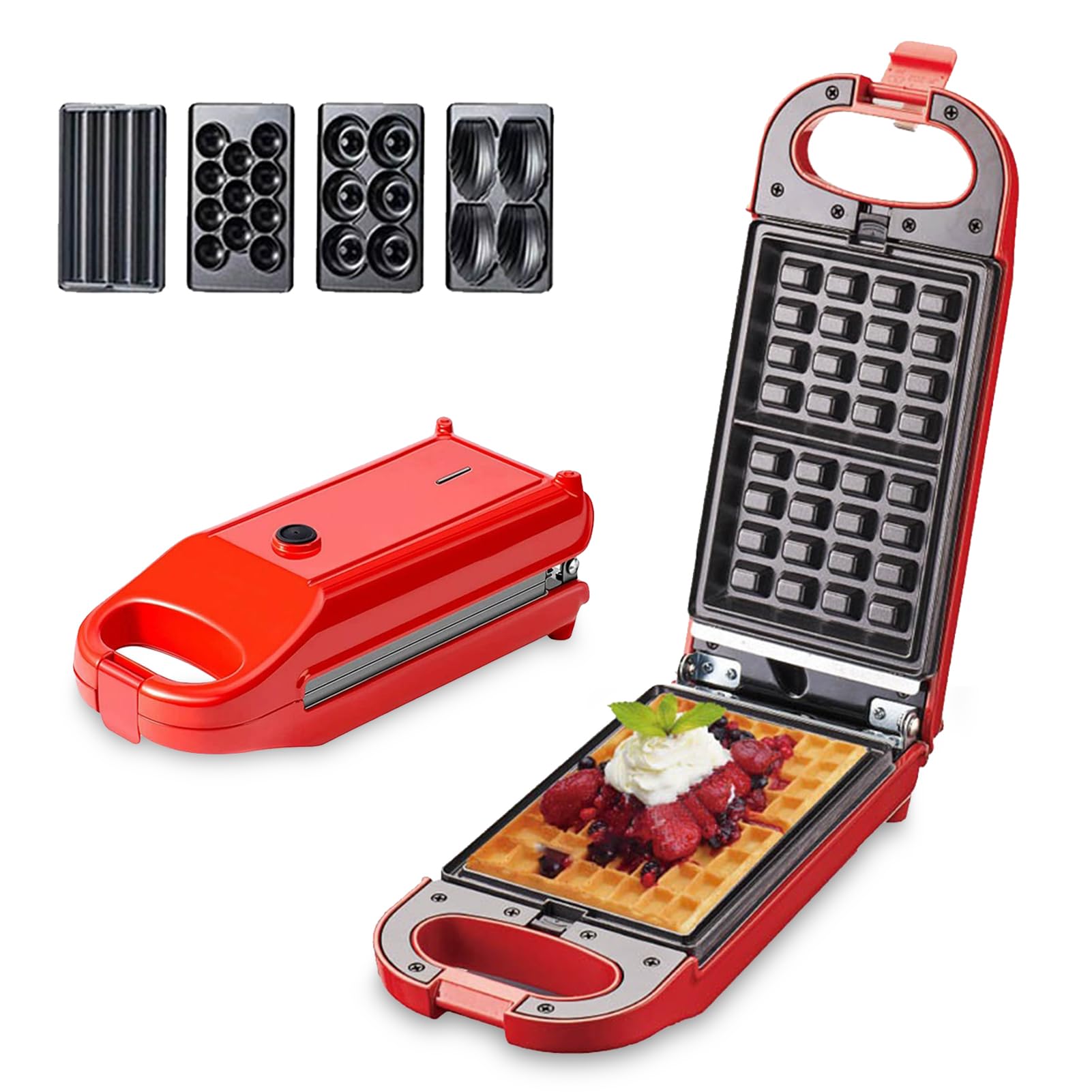 Gaufrier 5 En 1, Appareil Croque Monsieur Avec Plaques Amovibles, Plat De Cuisson Électrique Multifonction, Mini Machine À Beignets Et Gaufrier Pour Le Petit Déjeuner En Cuisine (Rouge)