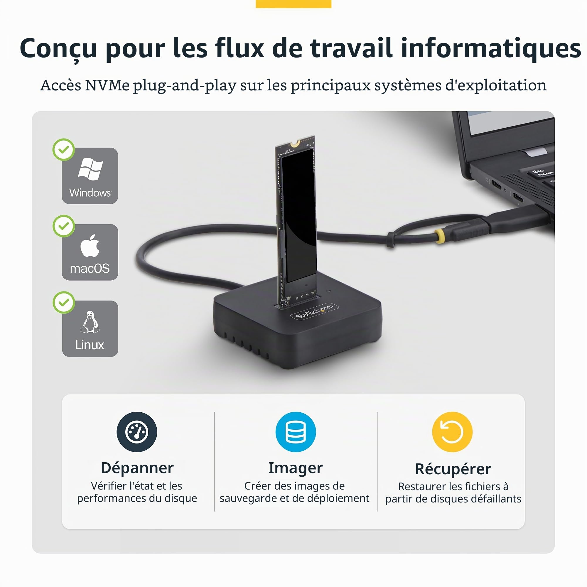 StarTech Dock USB-C/A vers SSD M.2 NVMe, 10Gbps, sans Outil | Station d'accueil, Lecteur SSD externe, B+M/M-Key, Win, macOS, Linux, PCR 70%