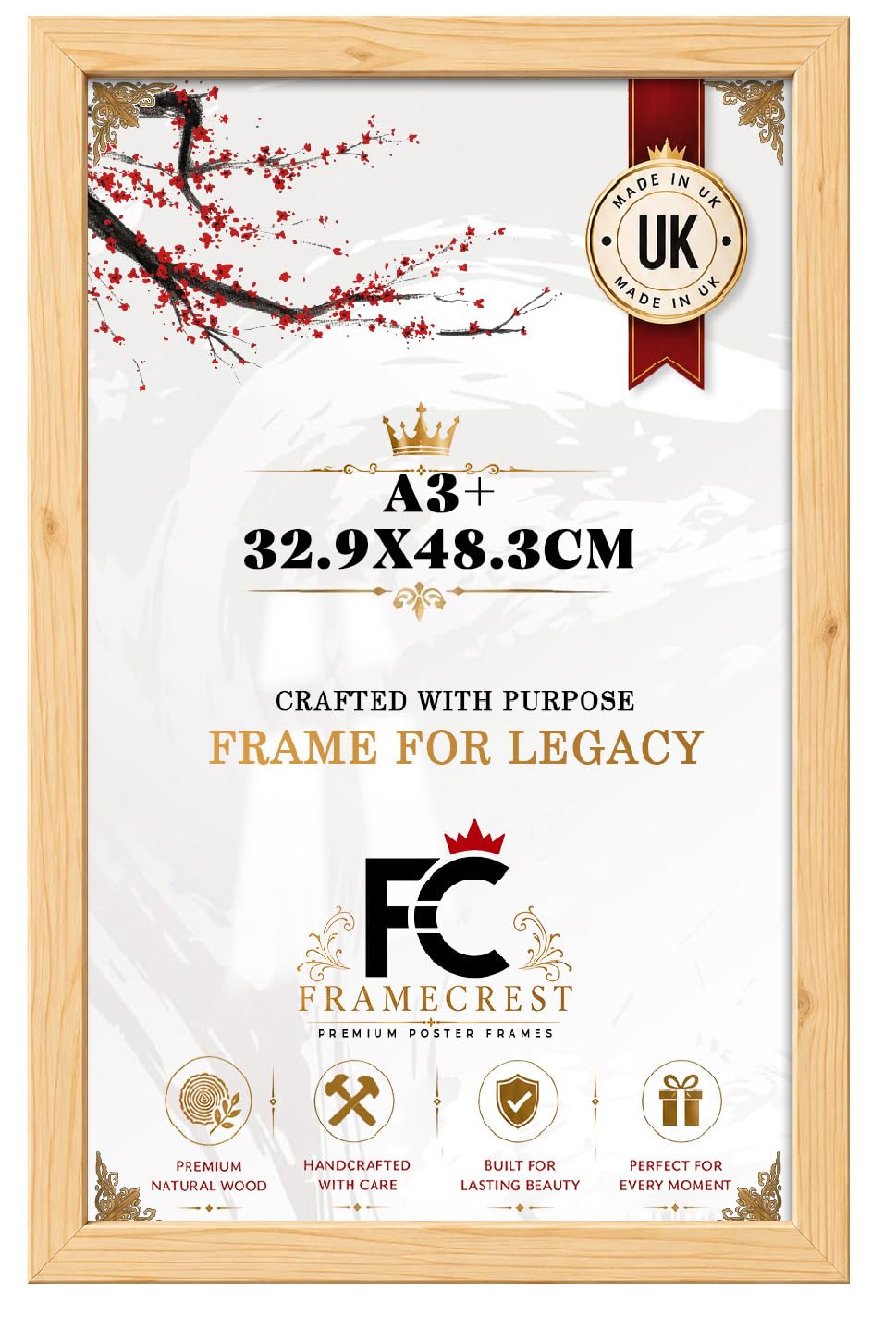 Framecrest Ltd Pine Framecrest Flat Profile Large A3+ 32.9X48.3cm Poster Frame Eton Wood Perfect For Wall Gallery, Living Room & Wall Hanging Mount Poster Picture-[Pine]