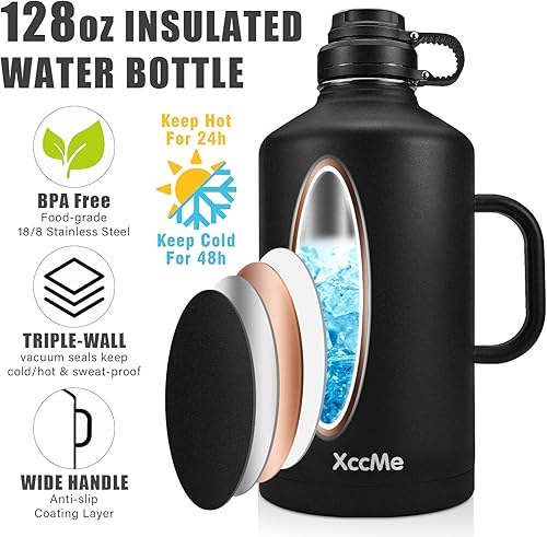 Miniatura 5 de Botella de agua aislada de 1 galón con asa, botella de agua de acero inoxidable de 128 onzas con pajitas, 3 tapas, jarra de agua grande al vacío de