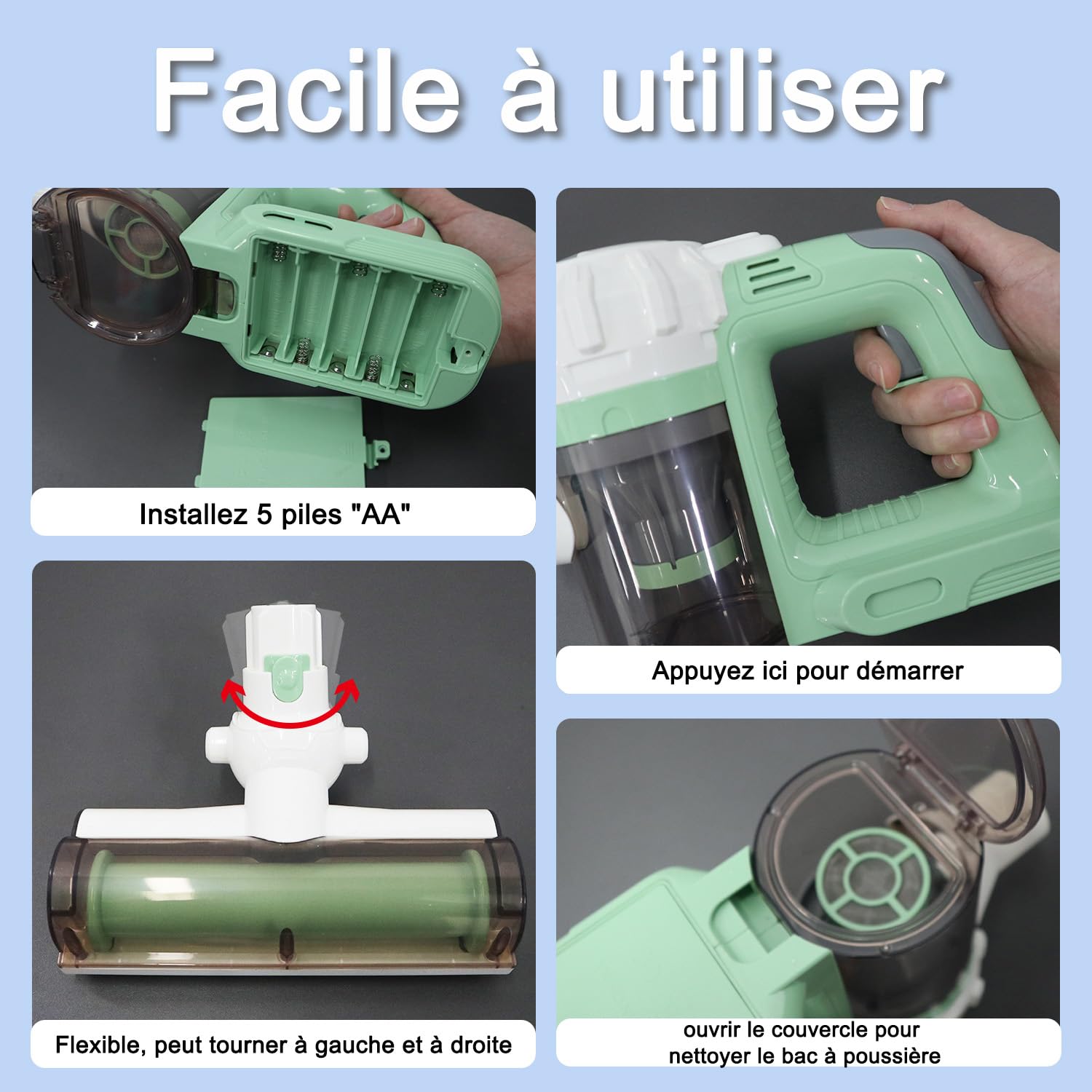 Aspirateur Enfant Fonctionnel 3-en-1, Aspirateur Jouet Enfant avec Aspiration Réelle, Jouet Éducatif pour Un Jeu Réaliste dès 3 Ans
