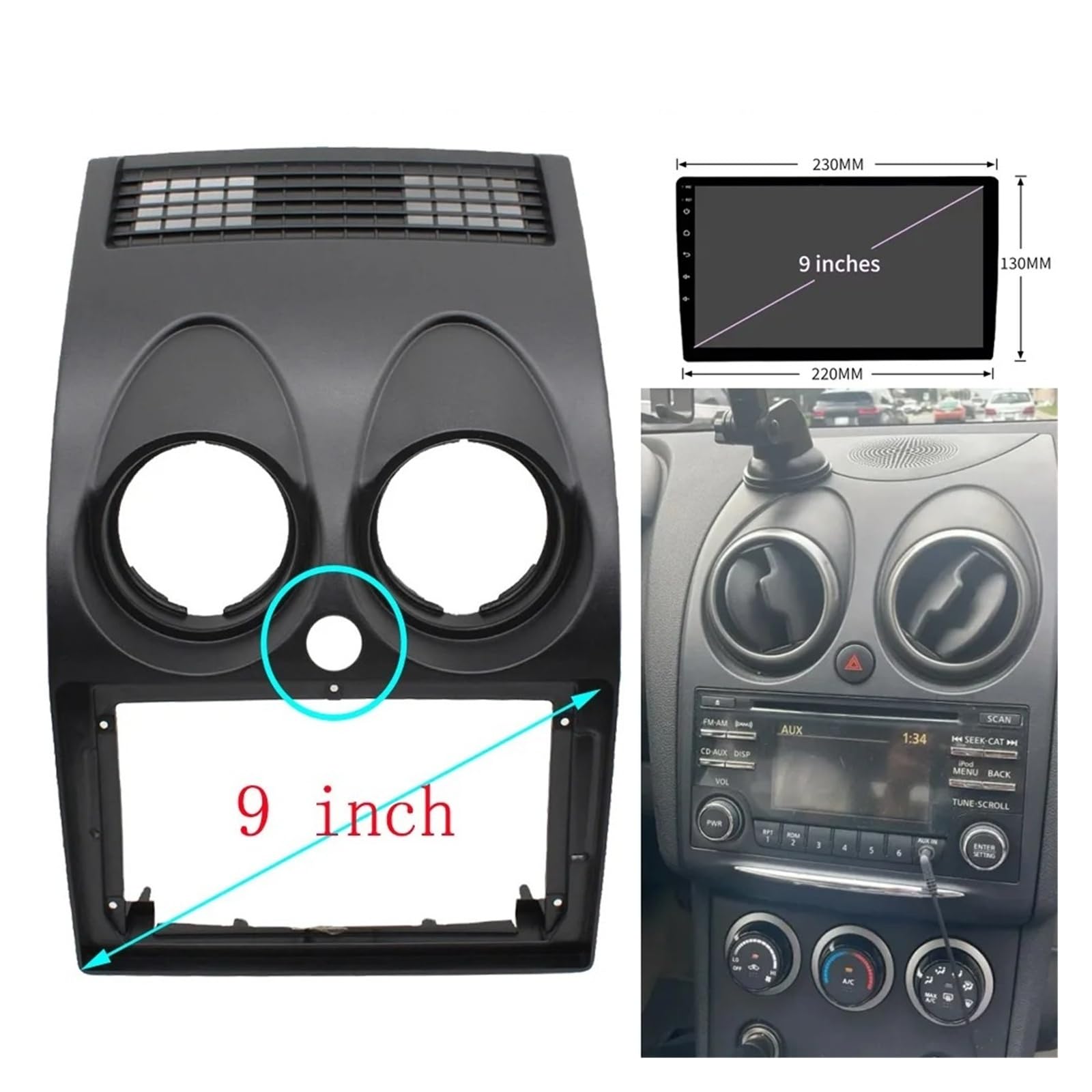 Mascherina Autoradio Cornice Stereo 2DIN Autoradio Fasce Telaio 9 Pollici Stereo Pannello Cablaggio Cavo Alimentazione per Nissan per Rogue per Qashqai per Dualis 2008-2013