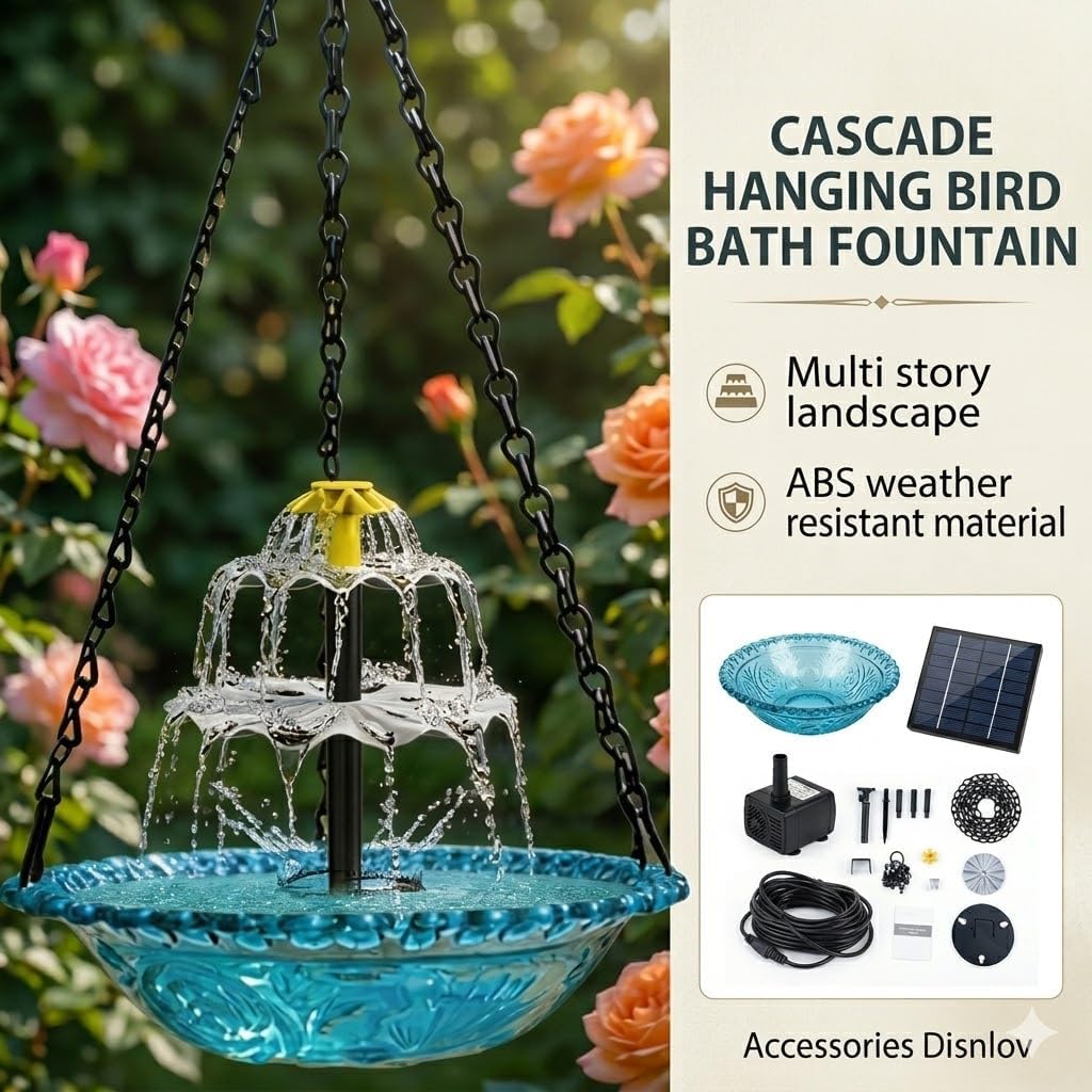 Solar Cascade Hanging Bird Bath Fountain, 3-Tier 9.3" Glass Bowl with Solar Powered Pump, Easy-Clean Hanging Birdbath for Outdoor Garden Patio, Attracts Hummingbirds (Blue)