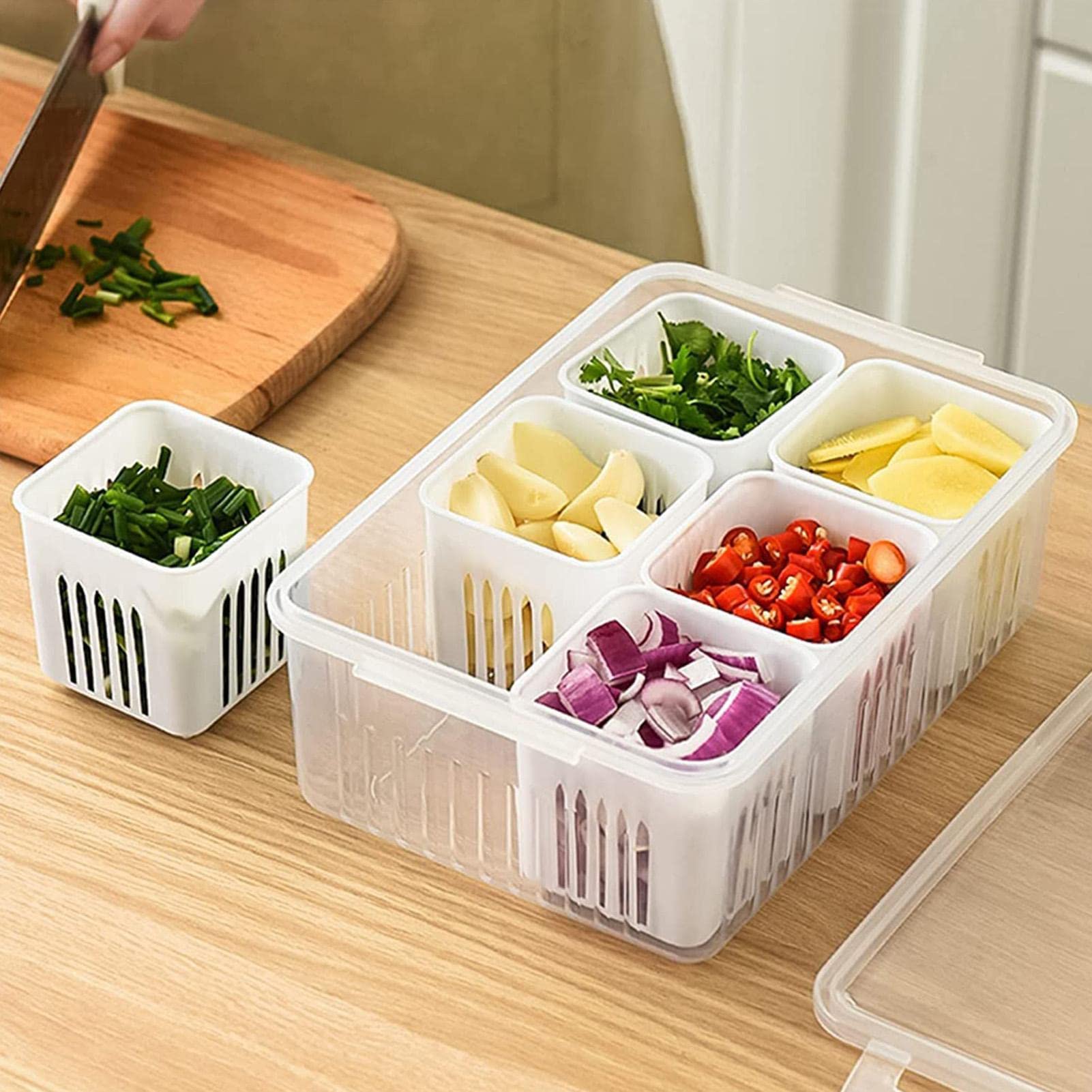 Fulenyi Küchen-Aufbewahrungsbox für Frühlingszwiebeln,6-in-1 Küchen-Aufbewahrungsbox für Frühlingszwiebeln