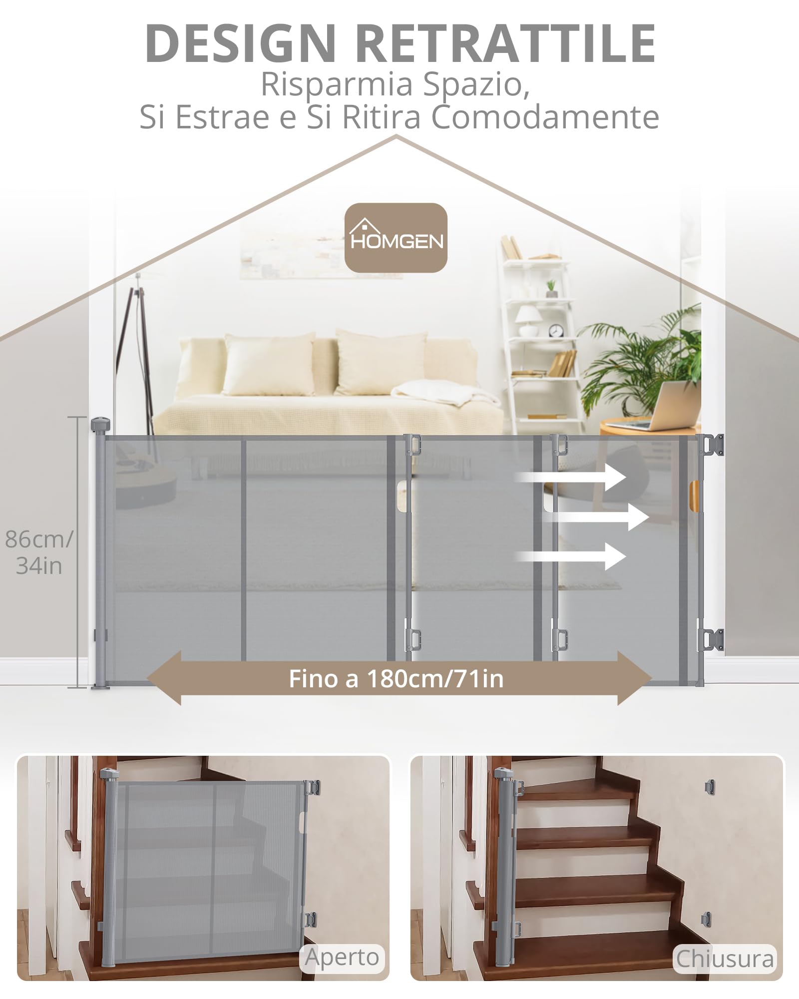 HOMGEN Cancello per Scale Retrattile Durevole Cancello Retrattile per Bambini 180cm con manopole Facile da Installare Cancello Retrattile per Cani Alto 86cm Cancello Retrattile Antistrappo -Grigio