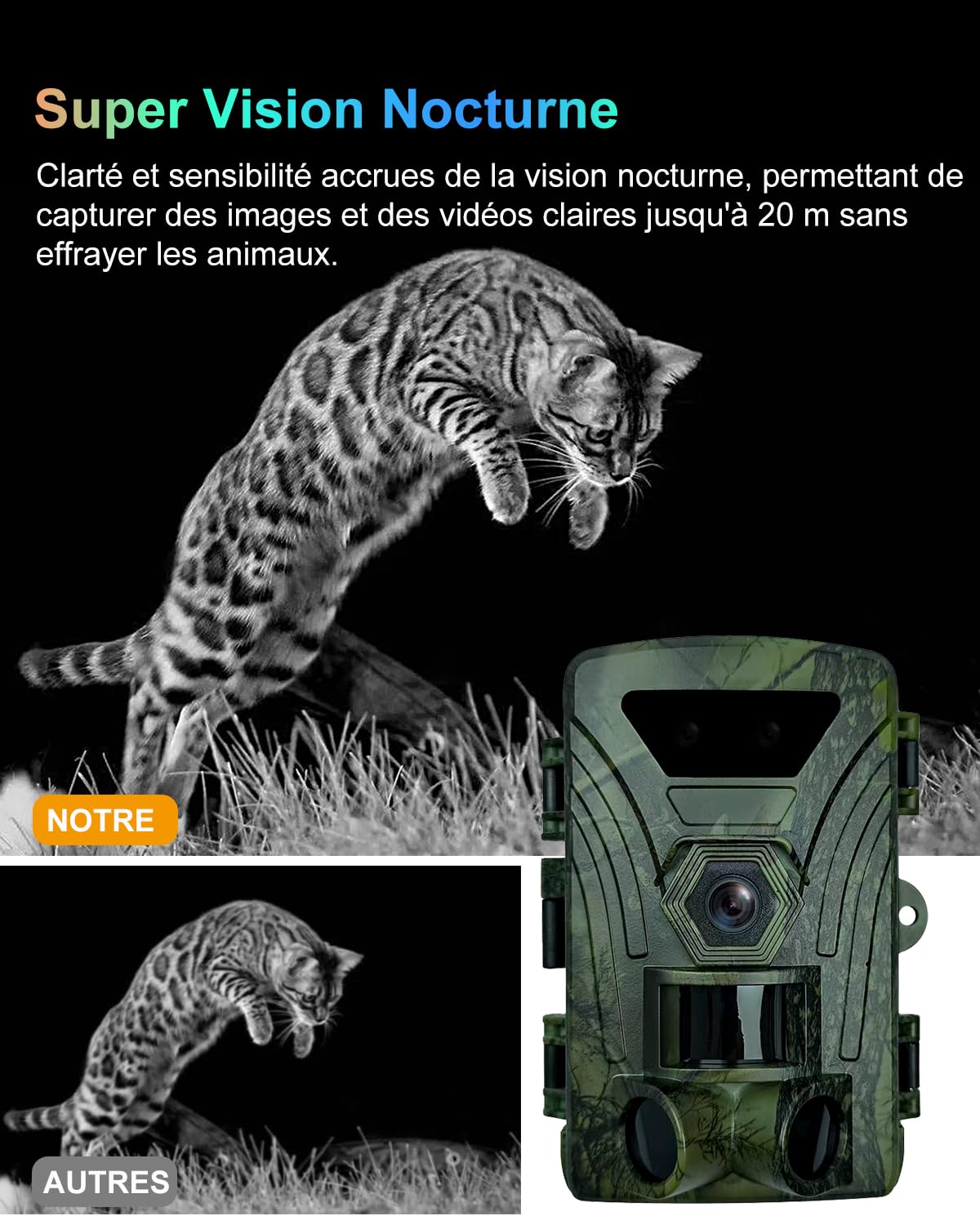Camera de Chasse, Camera Chasse WiFi 8K 60MP, 120 ° Piege Photographique Infrarouge Détecteur de Mouvement, Vision Nocturne Caméra IR pour Animaux Sauvages avec Carte SD 32GB