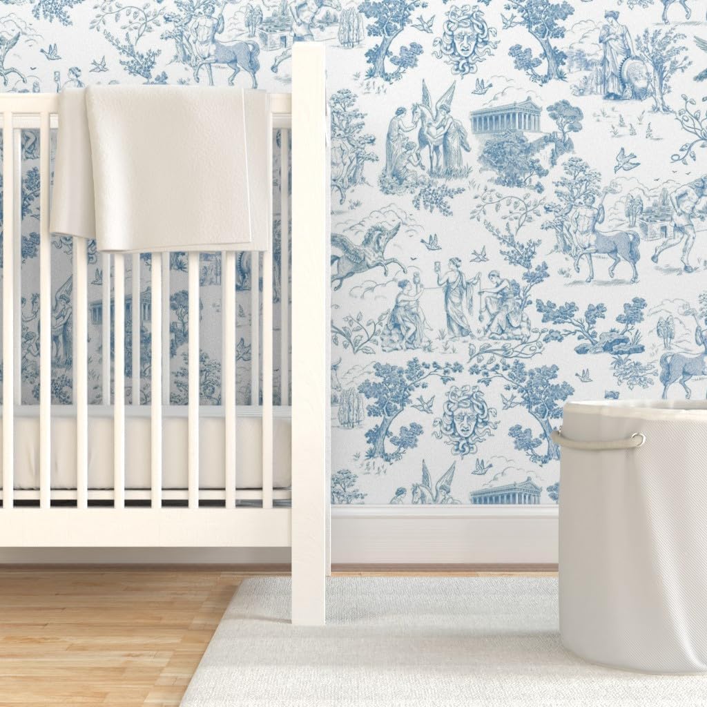 Removable Wallpaper Swatch - Toile Greek Mythology Fantasy Blue and White Hand Drawn Temple Whimsical Pegasus Medusa Trees Custom Pre-Pasted Wallpaper by Spoonflower
