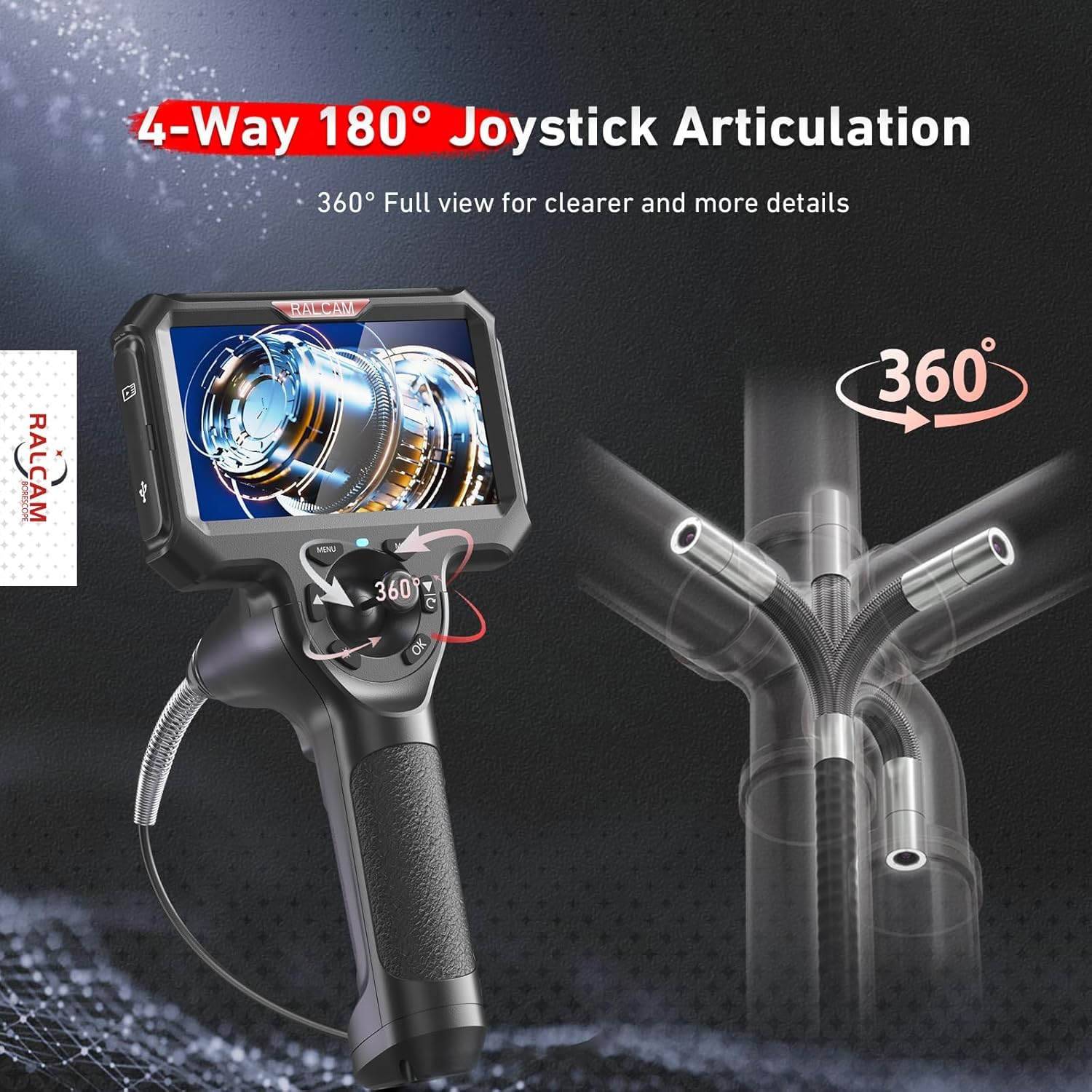Ralcam Kamera endoskopowa 6,2 mm, kamera kontrolna 360° z oświetleniem, ekran HD 5 cali (1280 x 720), 6 diod LED, wodoszczelność IP67, zasięg 1,5 m, półsztywny.