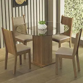 Conjunto Sala de Jantar Madesa Débora Mesa Tampo de Vidro Redondo 4 Cadeiras - Rustic/bege