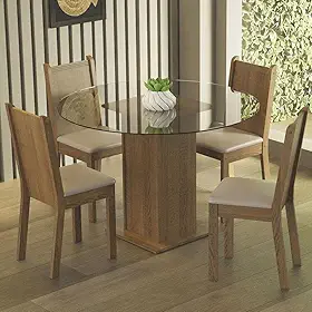 Conjunto Sala de Jantar Madesa Débora Mesa Tampo de Vidro Redondo 4 Cadeiras - Rustic/bege