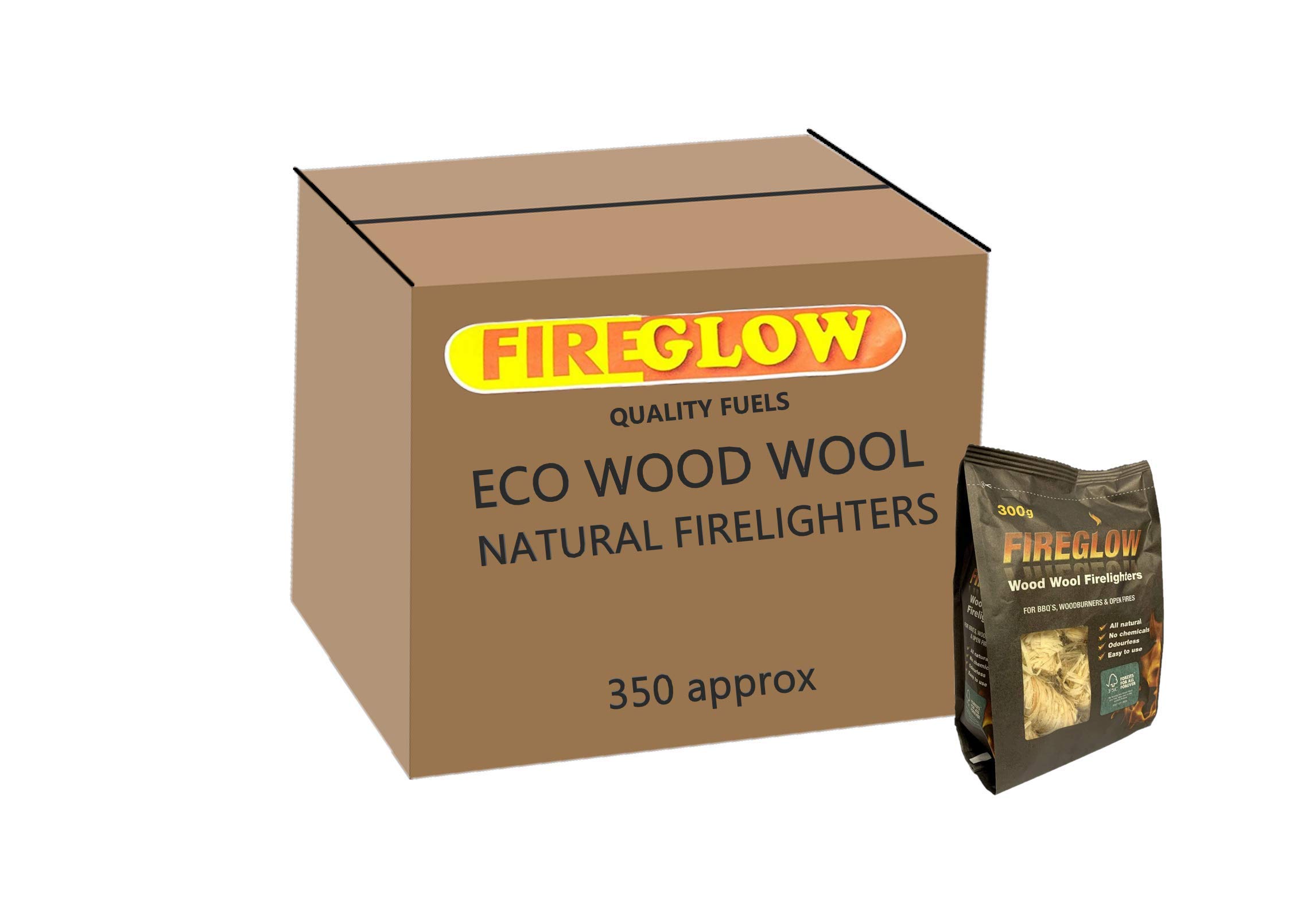 FIREGLOW Natural Eco Wood Firelighters - 350 Wood Wool Approx Flame Fire Starters Lighting Stoves, BBQ's, Pizza Ovens & Smokers, Safe Charcoal Starter for Lighting A Lumpwood Charcoal Barbecue