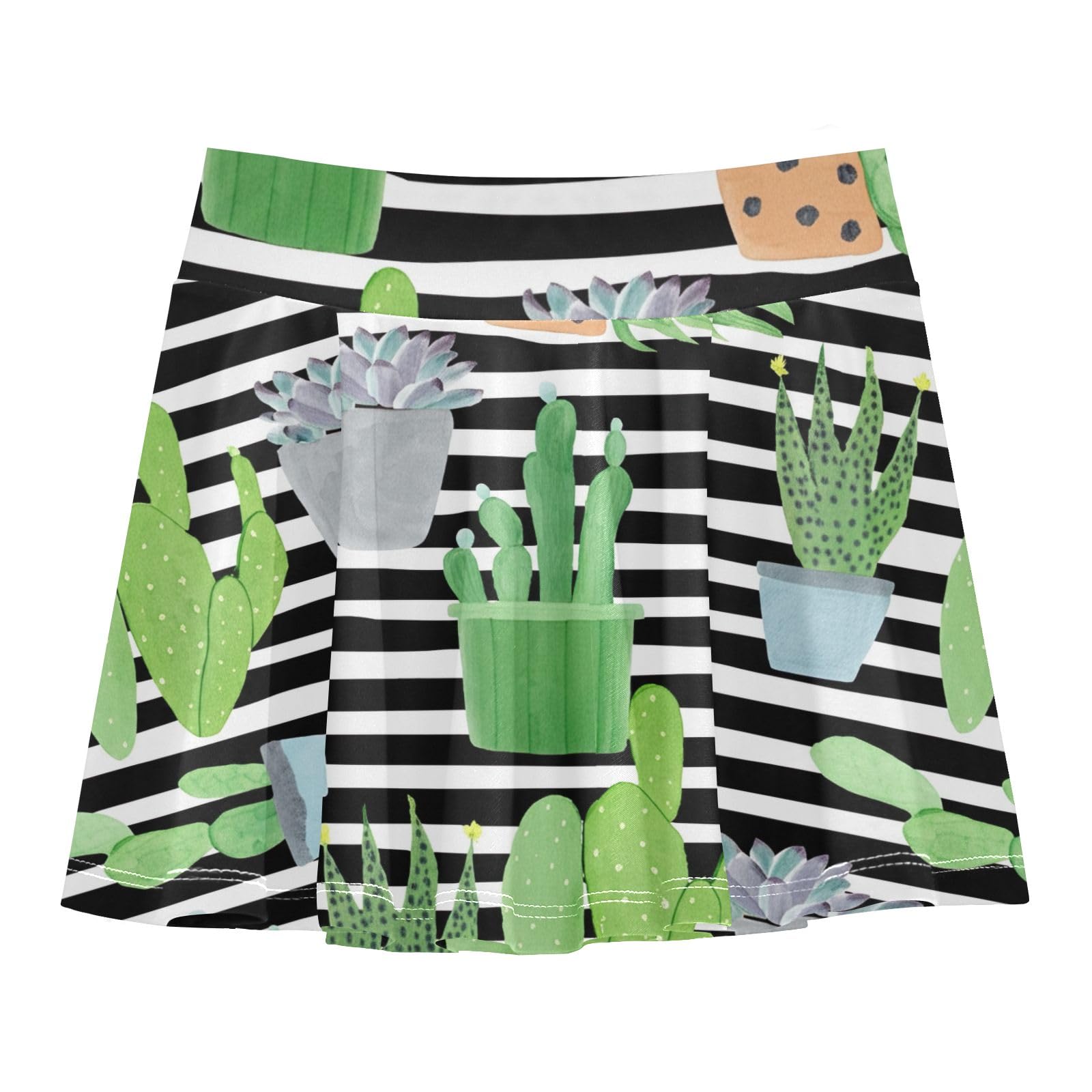 Little Girls 2-in-1 Skirts with Shorts Tennis Athletic Skort Cheer Workout Skirt Green Cactus Succulents White Black Stripes Size 5-6