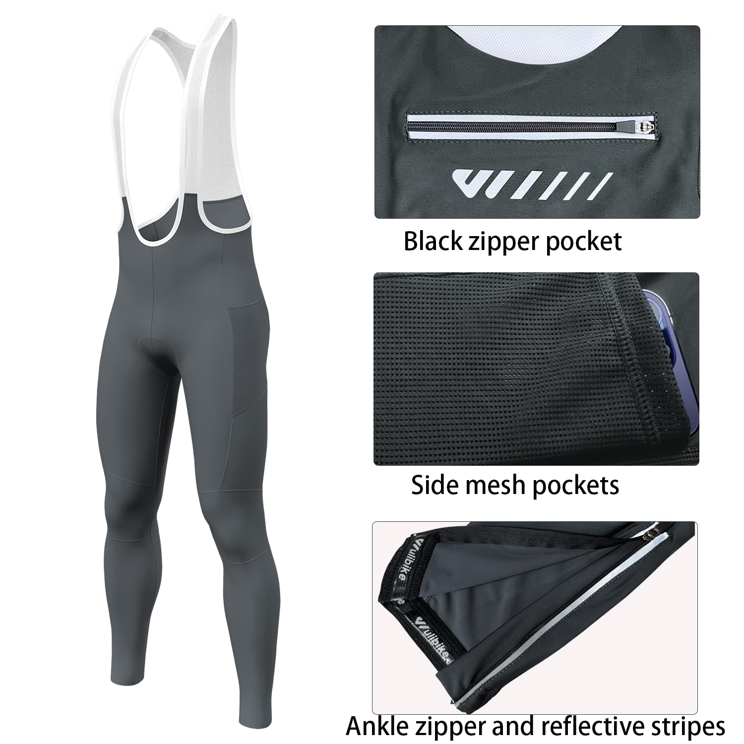 Log.as - Pantaloni lunghi da ciclismo, da uomo, imbottiti, invernali, elastici, antivento, traspiranti, ad asciugatura rapida, con tasche