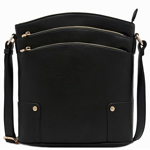 ALYSSA Triple Zip Pocket Large Crossbody Bag (Black)