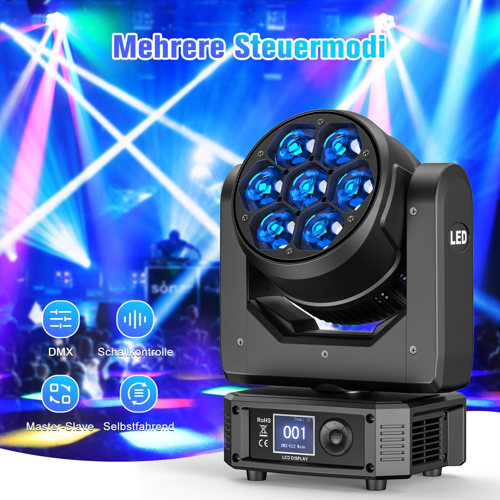 7X40W Teste Mobili LED RGBW Luci Discoteca Beam Funzione Zoom Effetto Luce Discoteca per Natale Feste Concerti Matrimoni Discoteca Eventi Bar Club
