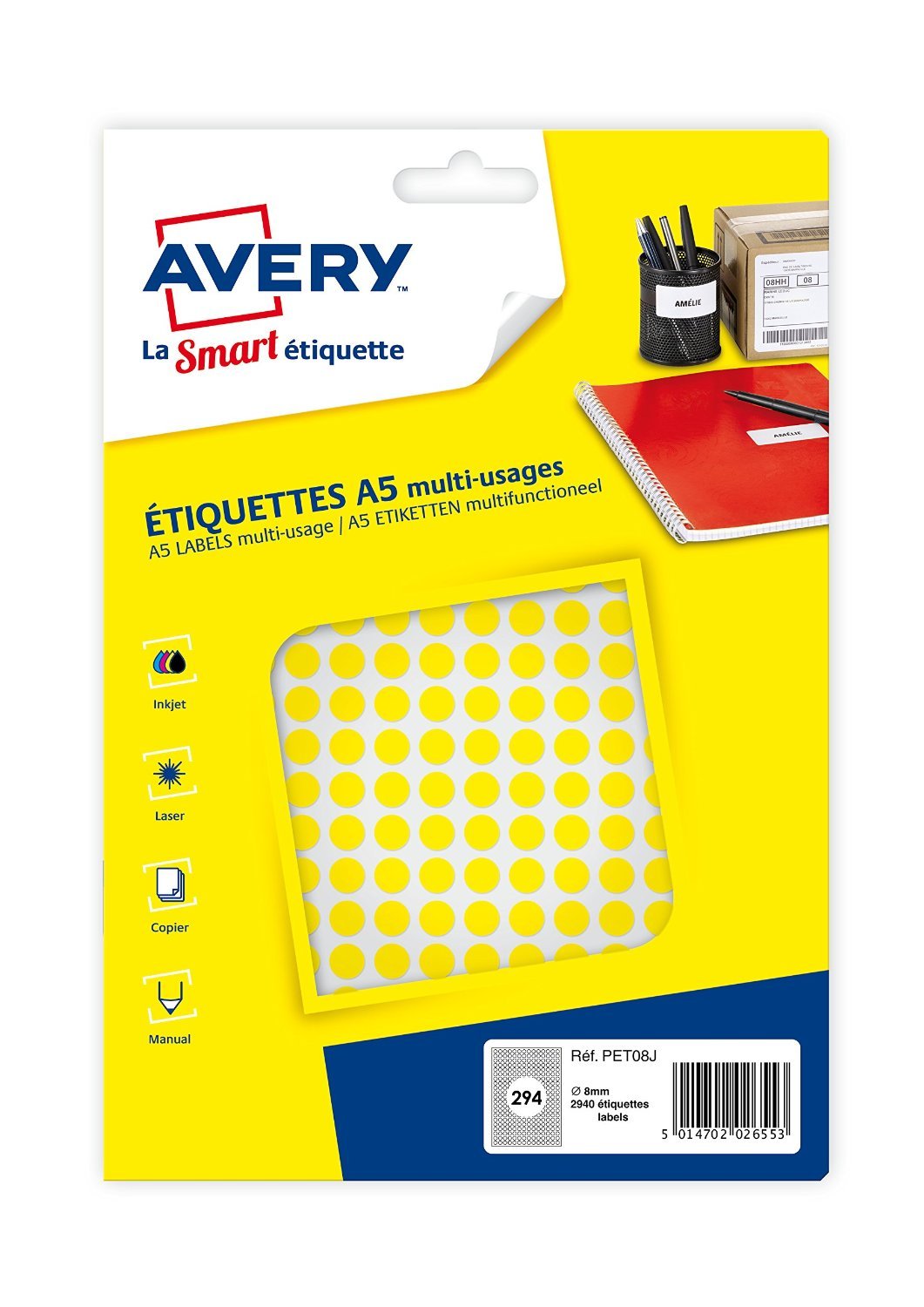 Avery Box of 2940 Multi-Purpose Labels 8 mm Yellow