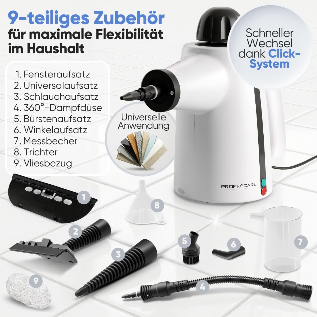ProfiCare® Dampfreiniger Handgerät | 3,7 bar | säubert entfettet desinfiziert | 105°C | Auto, Küche, Bad, Polster | 1050W | mit 5m Kabel & Zubehör | Steam Cleaner | Handdampfreiniger | PC DR 3145