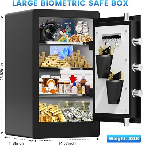 Miniatura 3 de Caja fuerte biométrica ignífuga grande de 23.62 pulgadas de alto para uso doméstico, caja de seguridad de huellas dactilares de acceso rápido con