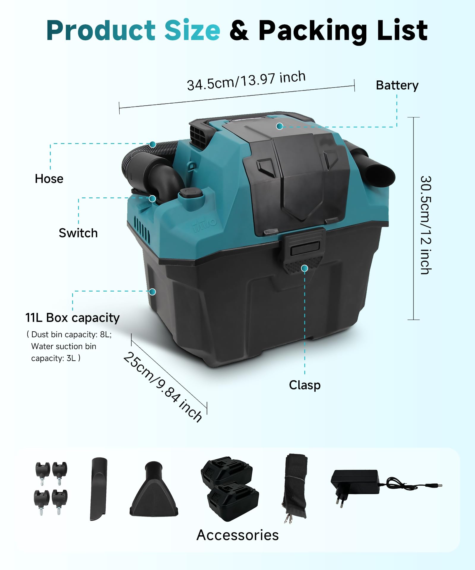 Aspirador con batería en seco y húmedo, 11 L, portátil, con motor de cepillo, potencia de succión de 16 KPa, 200 W, aspiradora industrial inalámbrica para taller, coche, garaje y hogar (sin batería ni