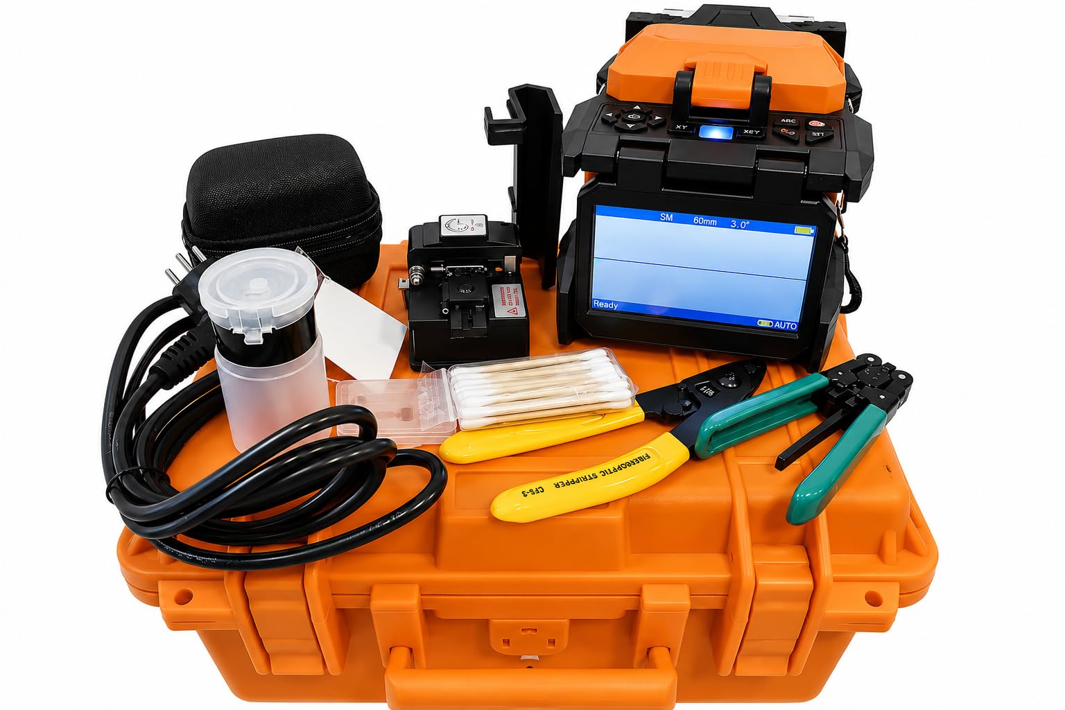 Soudeuse Fibre Optique FTTH 4 Moteurs – Alignement Cœur à Cœur – Écran Tactile 5 Pouces – Épissure 6s / Chauffage 15s – Compatible G652 G657 – Kit Complet