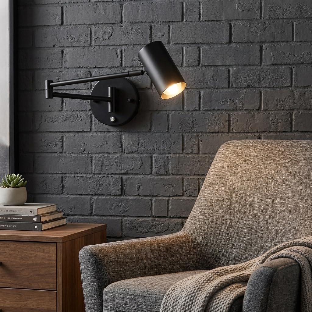 Alpinaluz Aplique da Parete con Interruttore Integrato, Braccio Estensibile Orizzontale e Testa Orientabile a 350°, Portalampada E27, Design Moderno in Ferro Nero per Illuminazione Interna in Camera
