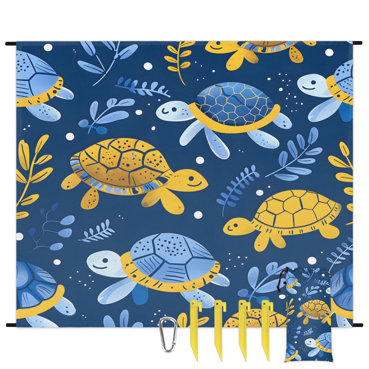 Eabrults Waterproof Sandproof Beach Blanket, 59''×68'' Turtle Polyester Outdoor Picnic Blanket with 4 Stakes & Storage Bag for Beach,Camping,Vacation Navy Blue