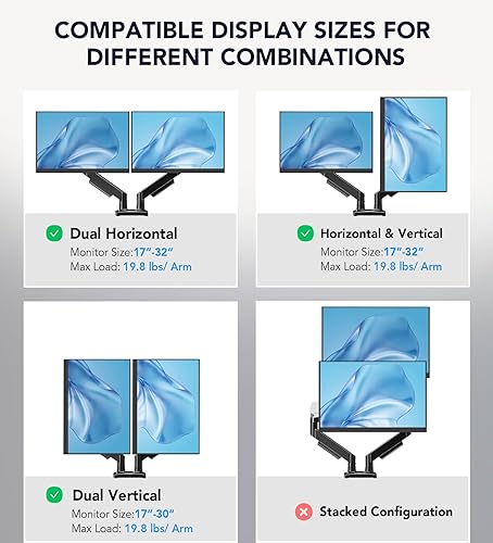 Miniatura 3 de Soporte para monitor doble, soporte de escritorio ajustable para pantallas de computadora de 17 a 32 pulgadas, movimiento completo VESA