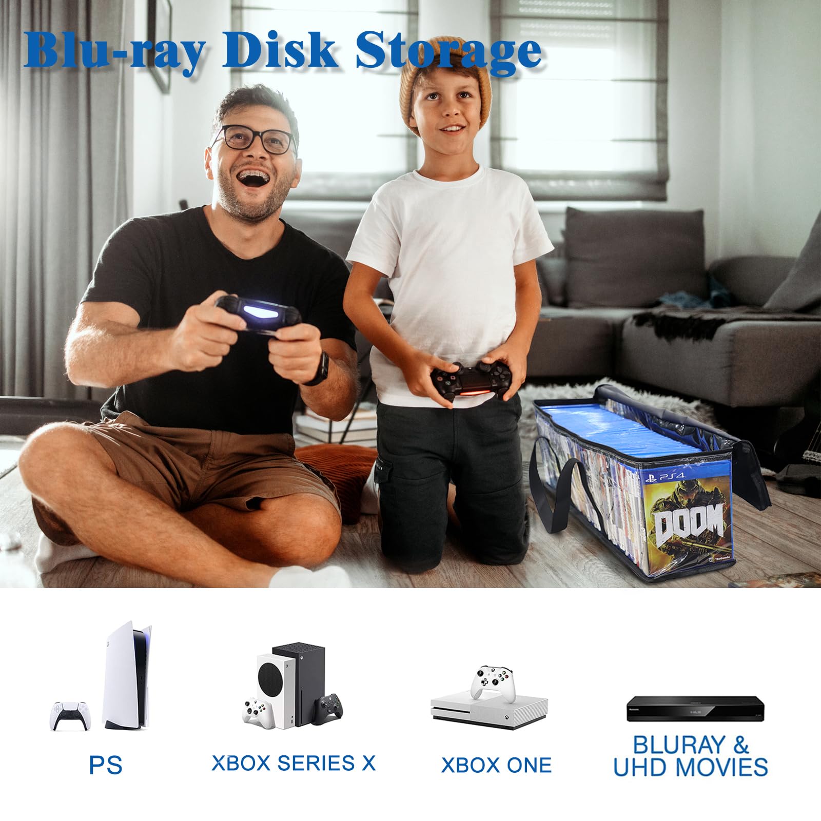 DVD-Aufbewahrungstaschen, 6 Stück, für 240 DVDs (je 40 Stück), wasserfeste, transparente PVC-Hülle mit Griffen, stapelbare Medien-Aufbewahrung für Blu-Ray, CDs, Videospiele