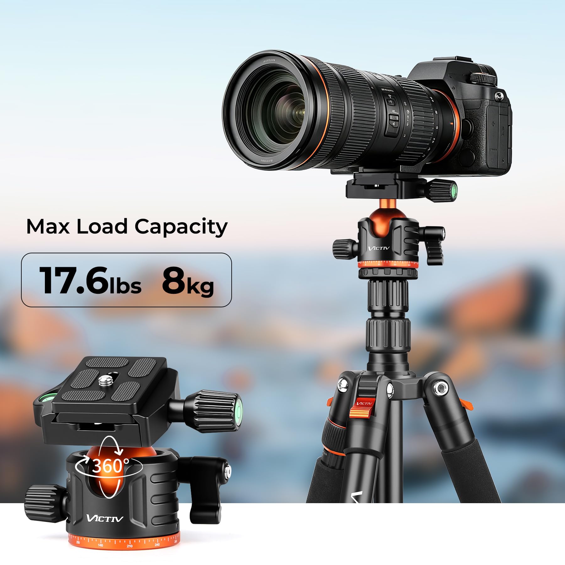 Victiv 259cm Treppiede Fotocamera e Smartphone, Cavalletto Fotografico in Alluminio con Braccio Orizzontale, Treppiedi Reflex da Viaggio Per Sony Canon Nikon, Carico Massimo 8 Kg