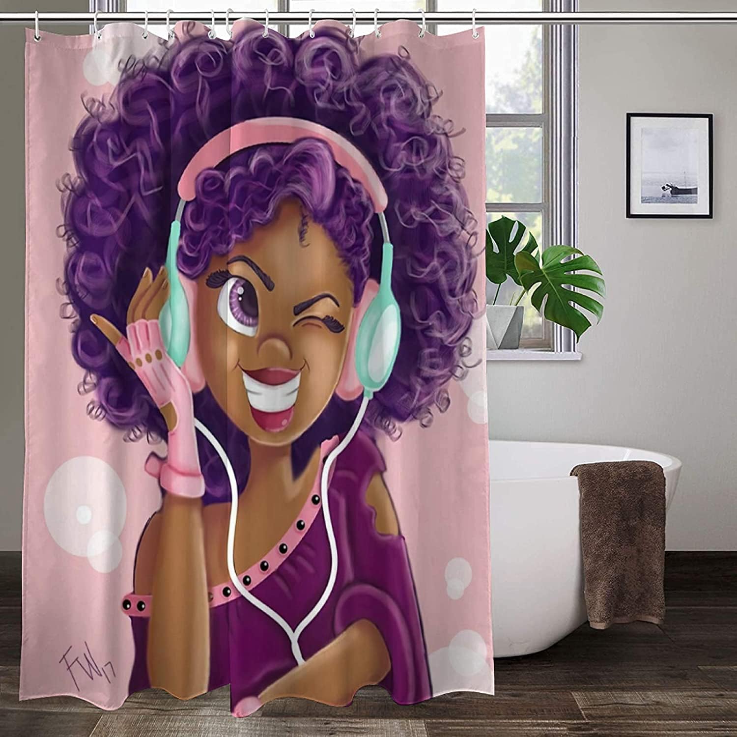 GOODYEZZ African Black Girl Magic Shower Curtain Queen Abstract Style Bathroom Curtain Polyester Fabric Waterproof 12 Pack Hooks Shower Curtain Set (Girl in Headphones)